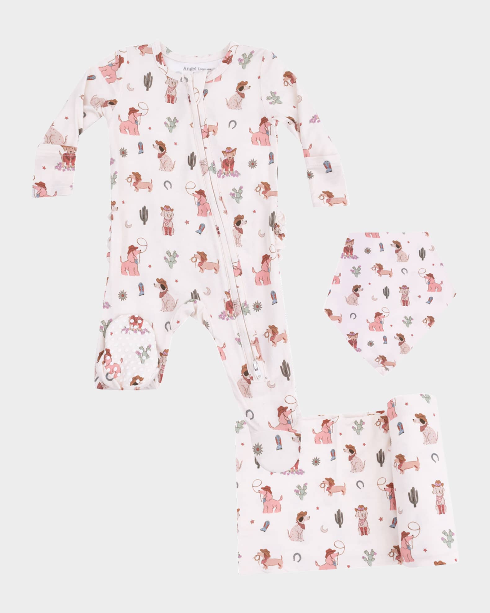 Girl's Cowgirl Dogs 2-Way Zip Footie, Bib and Blanket Set, Size Newborn-9M 0