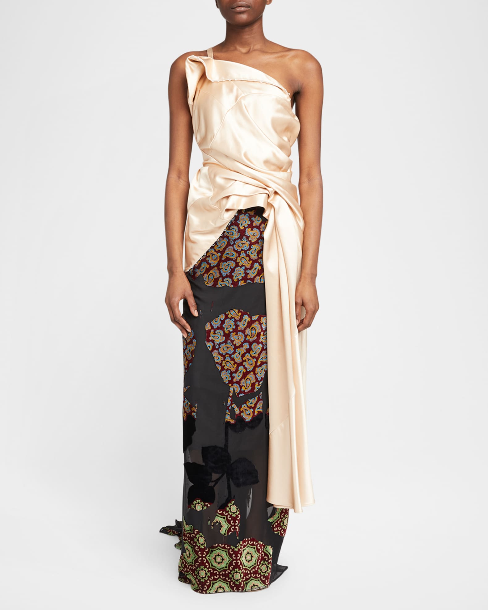 DRIES VAN NOTEN／光沢ロングドレス シャンパンベージュノースリーブ Dries Van Noten Camari Draped Satin High-Low Top | Neiman Marcus