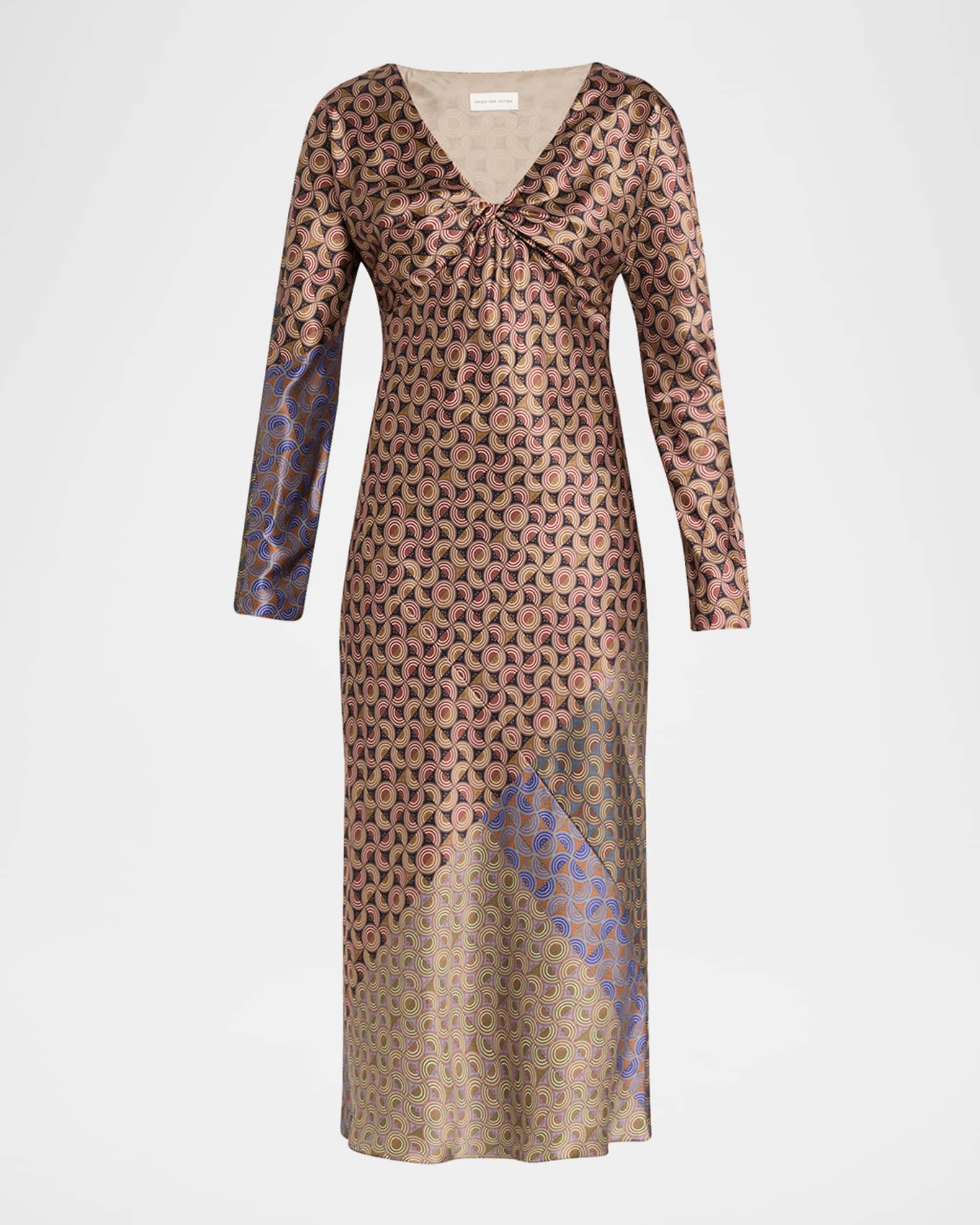 Dries Van Noten Duska Abstract-Print Satin Long-Sleeve Midi Dress