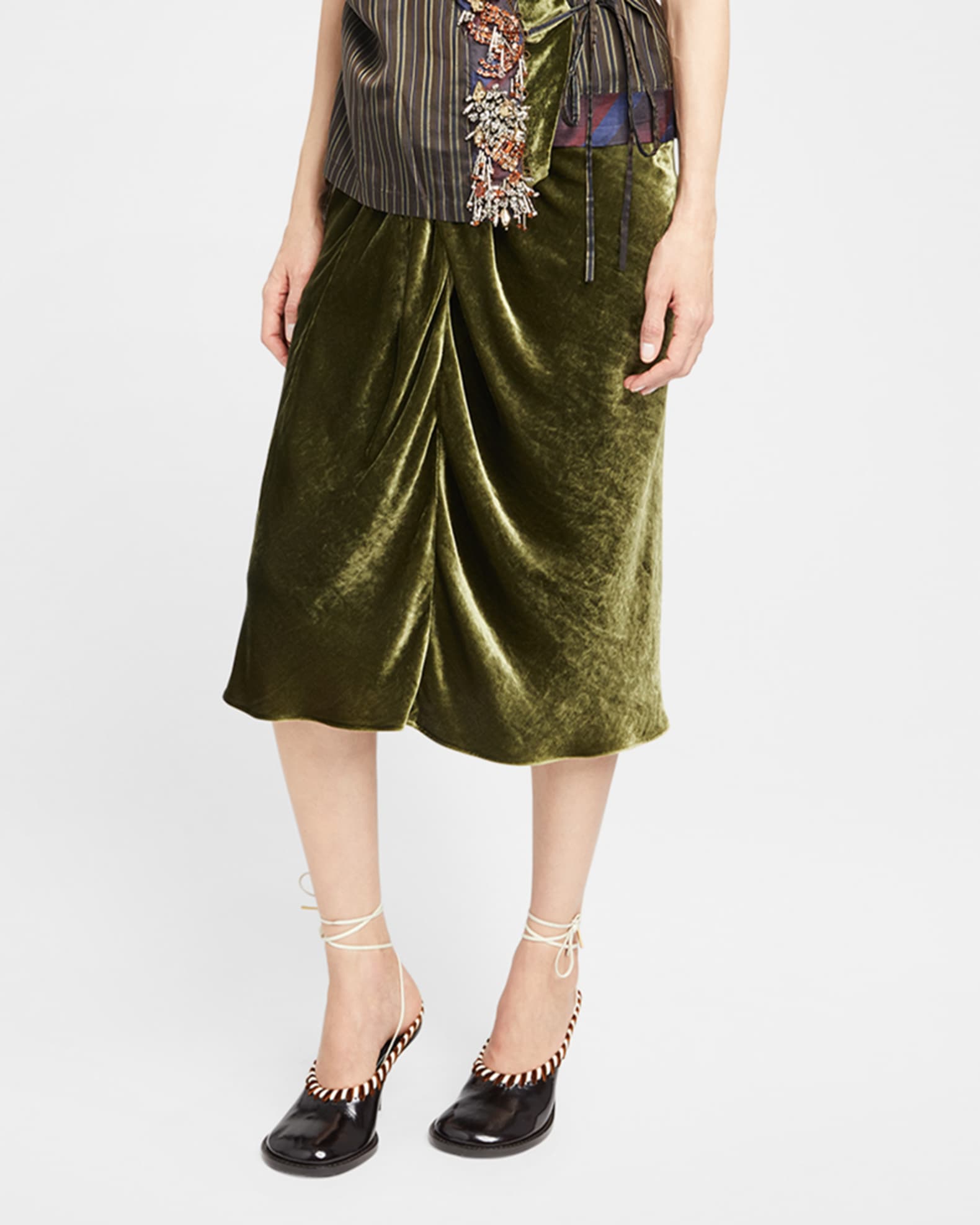 Dries Van Noten Smila Draped Velvet Midi Skirt | Neiman Marcus