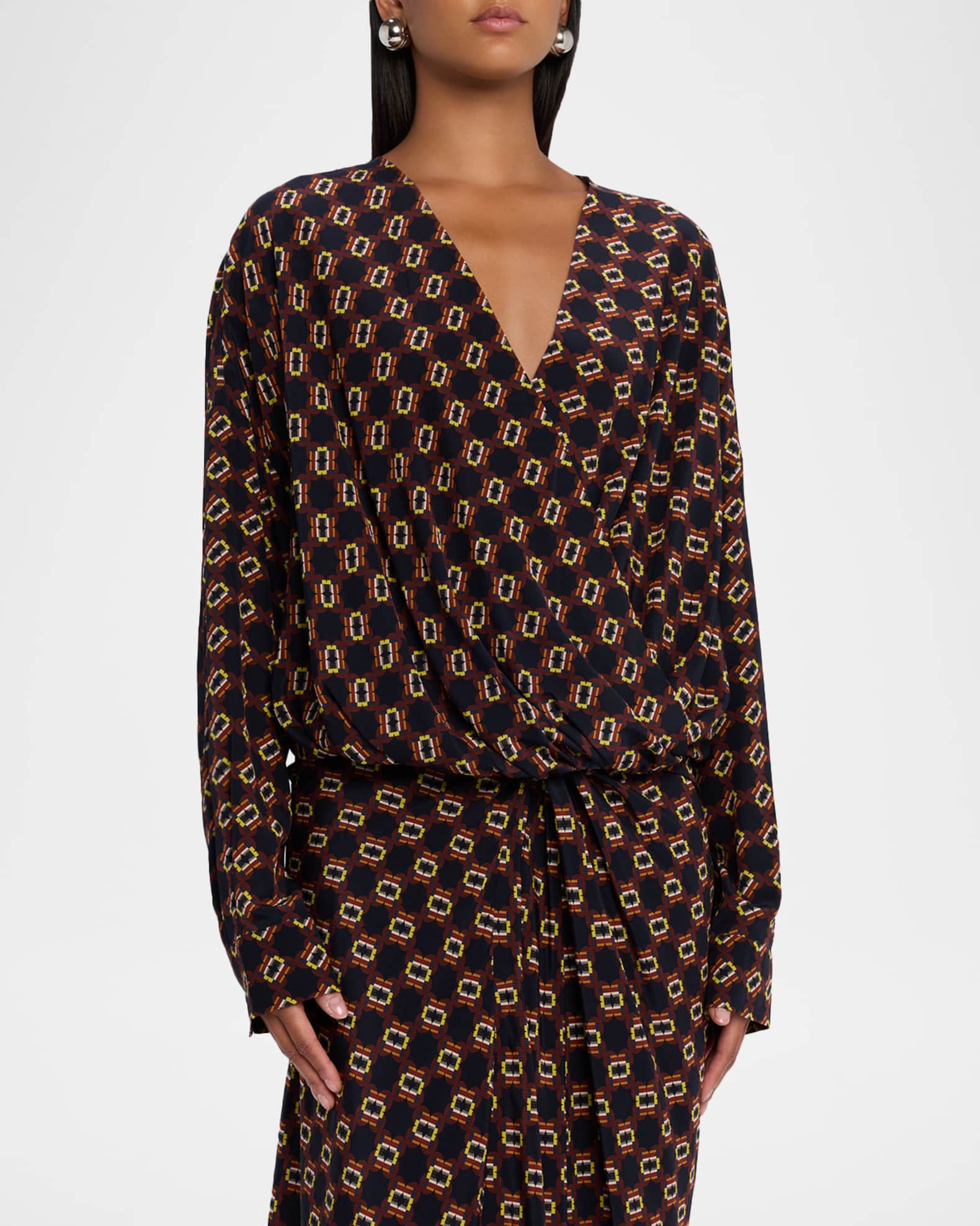 Dries Van Noten Camiel Printed Silk Long-Sleeve Wrap Top | Neiman