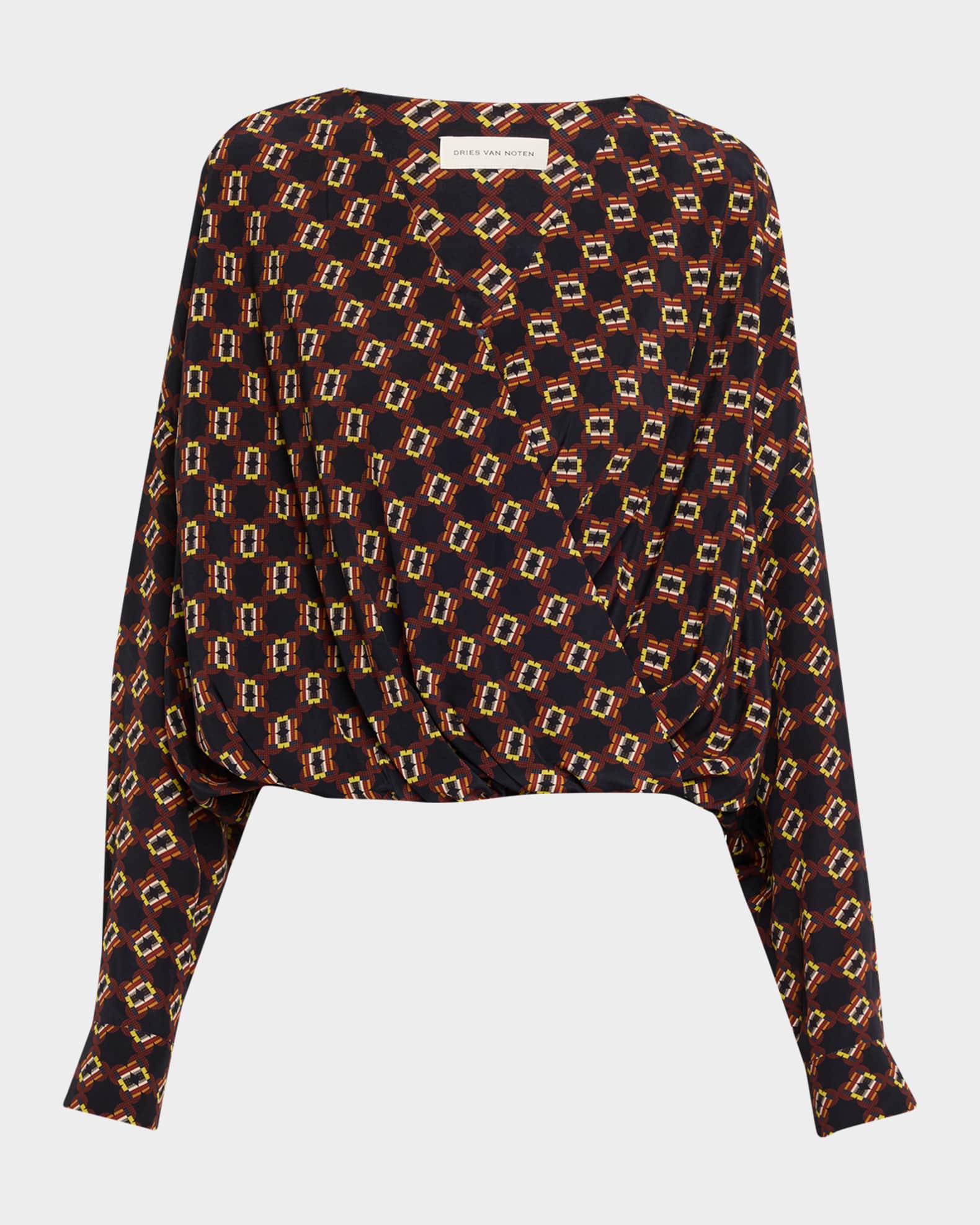 Dries Van Noten Camiel Printed Silk Long-Sleeve Wrap Top | Neiman