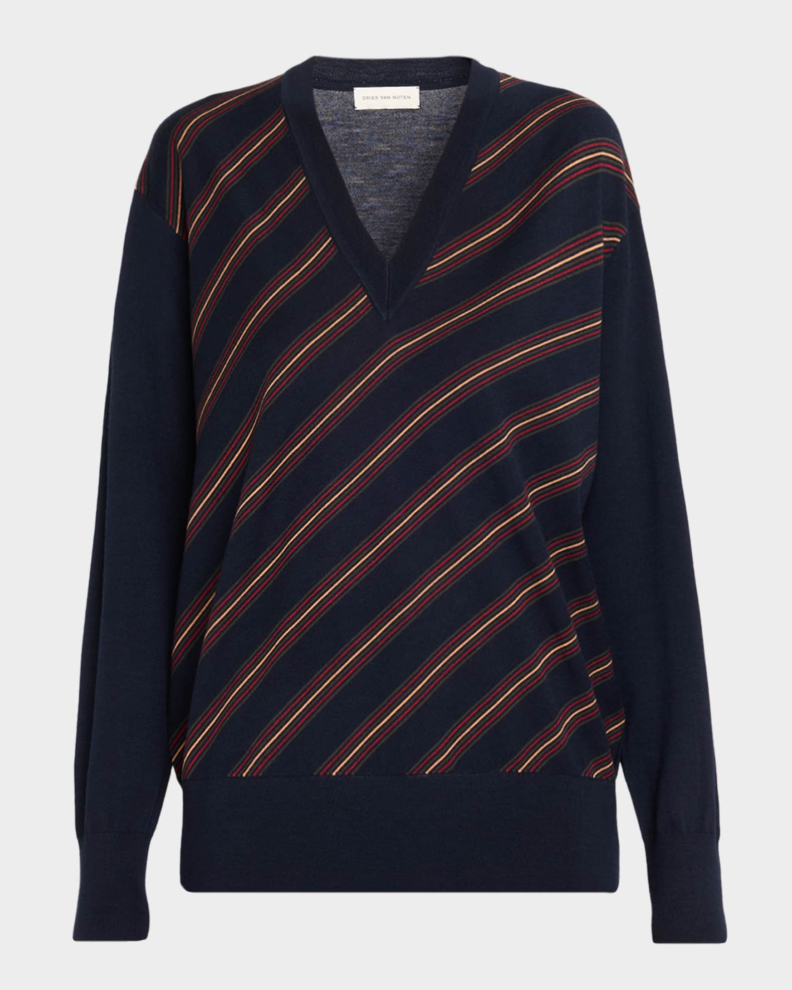 DRIES VAN NOTEN ネイビー Vネックセーター S Dries Van Noten Tishana Striped V-Neck Wool Sweater | Neiman Marcus