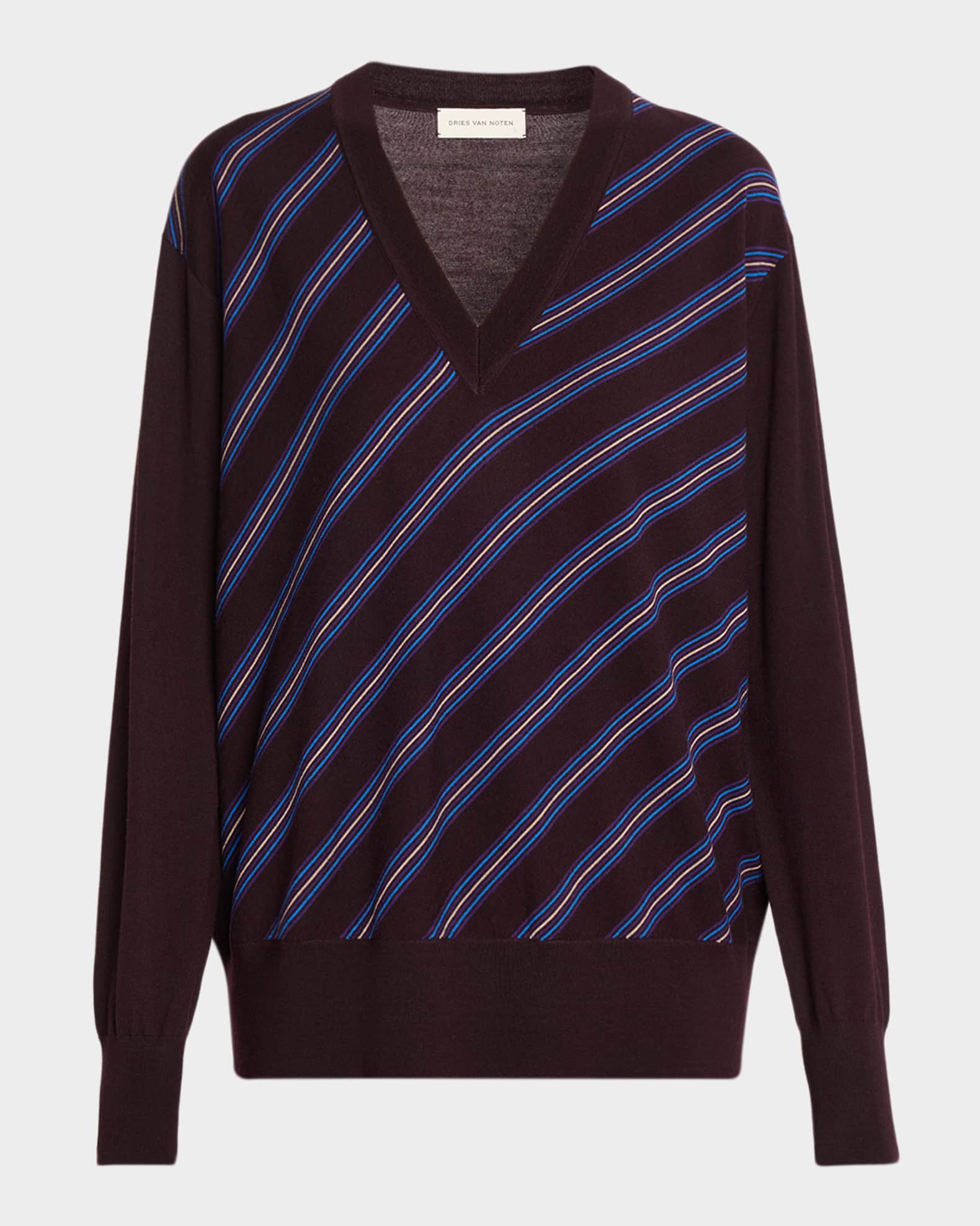 Dries Van Noten Tishana Striped V-Neck Wool Sweater | Neiman Marcus
