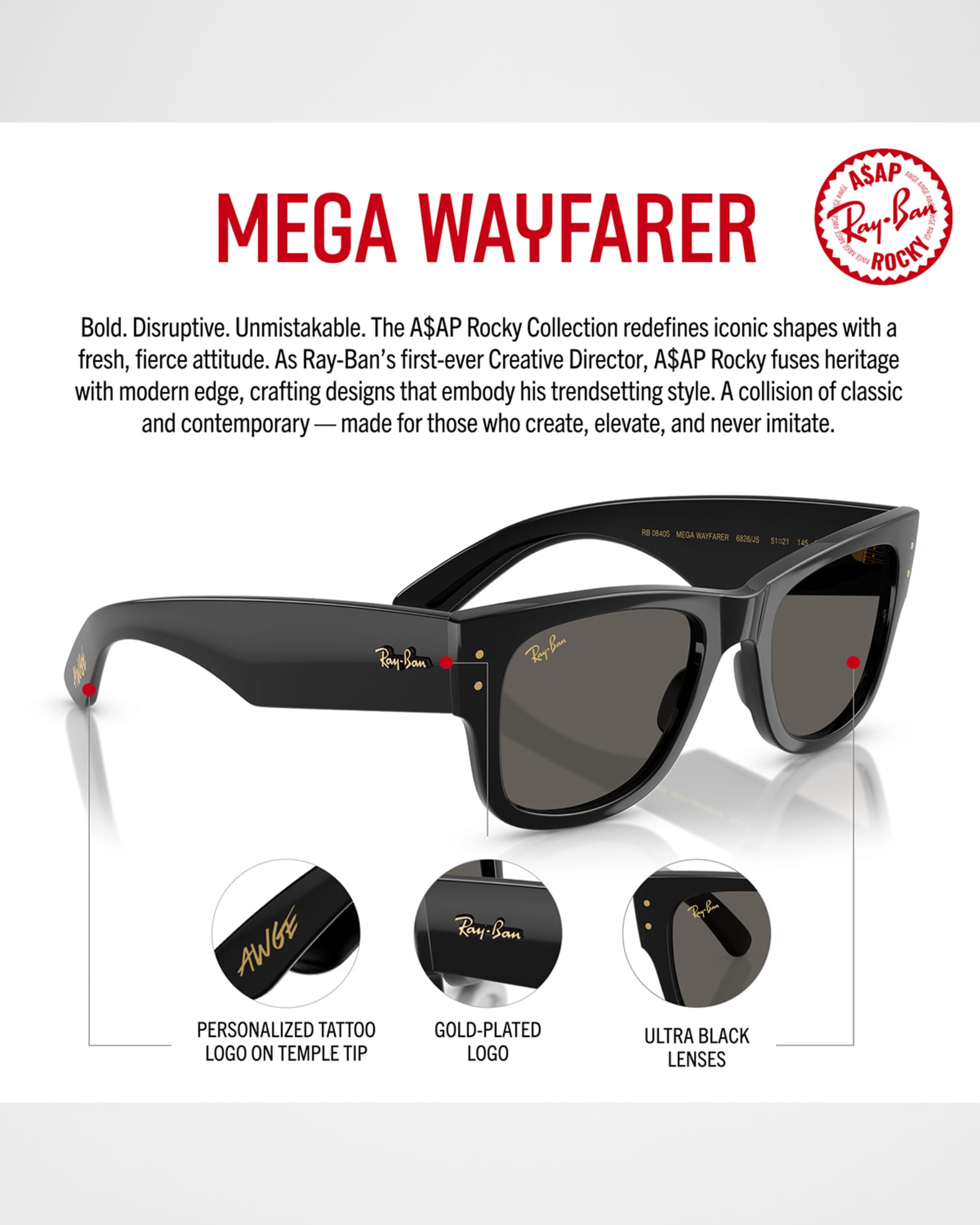 Ray-Ban Men's RB0840S Mega Wayfarer A$AP ROCKY Blacked Out