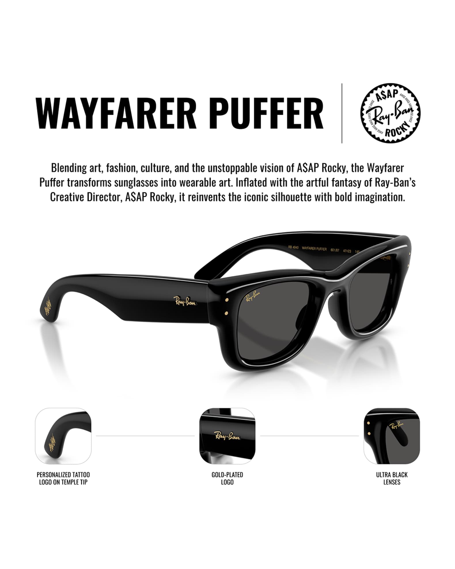 Ray-Ban Men's RB4940 Wayfarer Puffer A$AP ROCKY Square Sunglasses