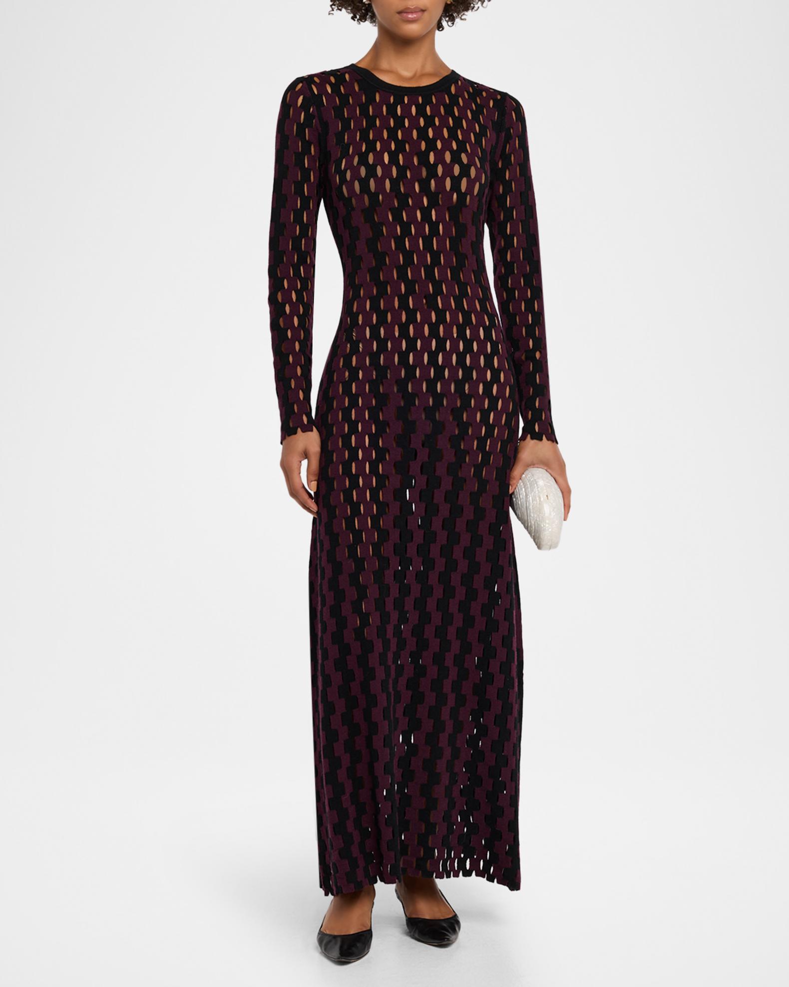 Natalie Two-Tone Open-Knit Long Sleeve Maxi Dress