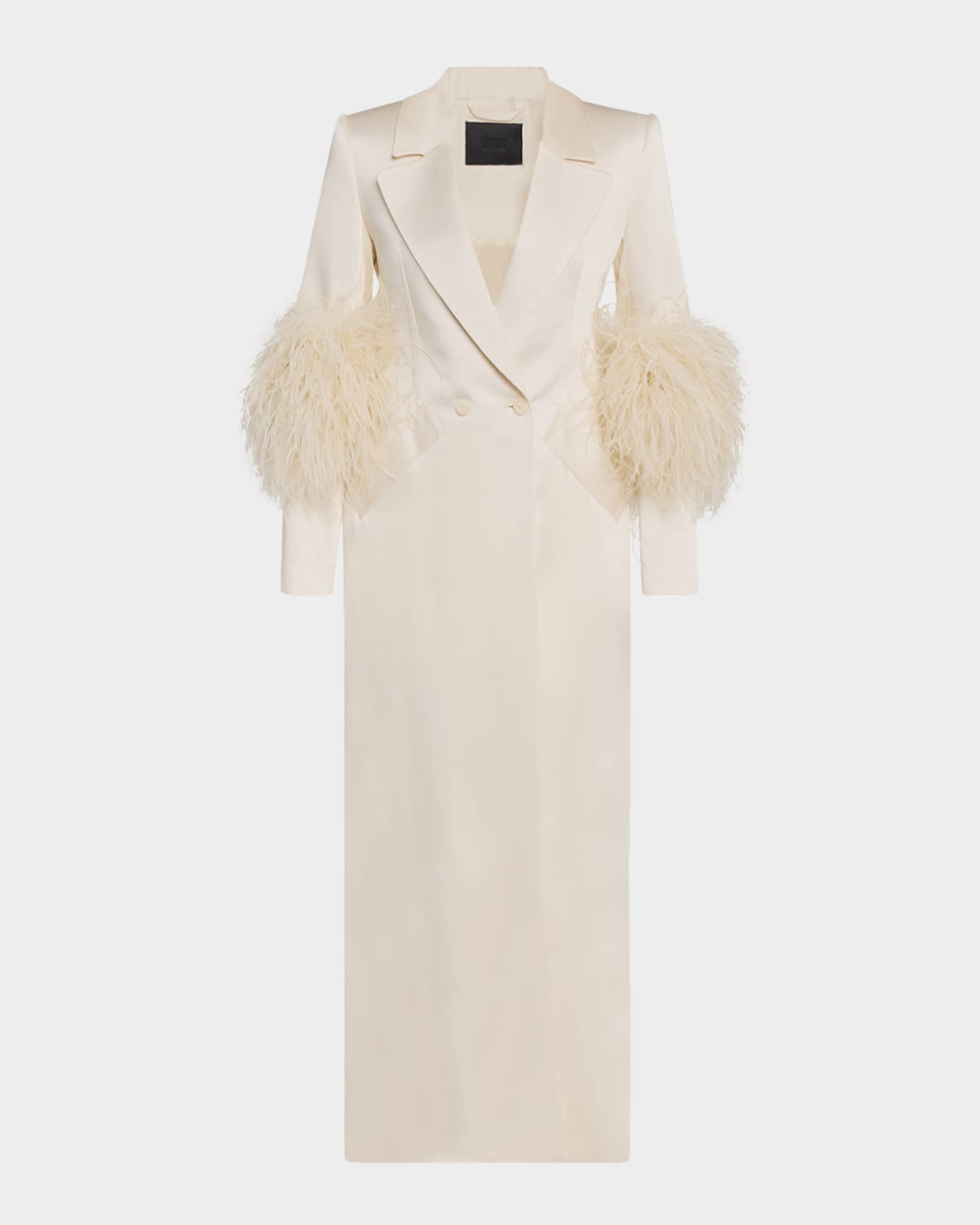 LAPOINTE Feather-Trim Satin Double Breasted Long Coat | Neiman Marcus