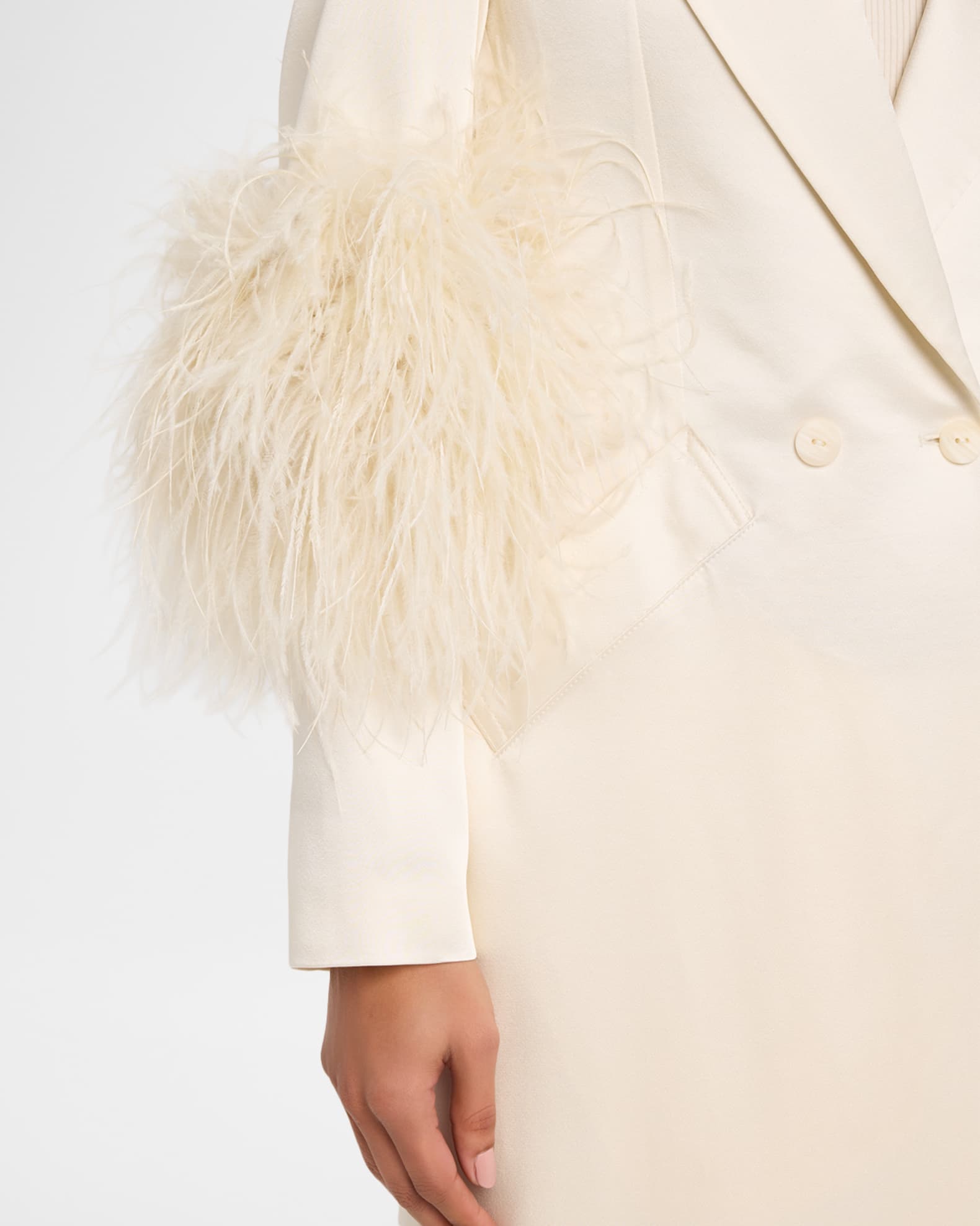 LAPOINTE Feather-Trim Satin Double Breasted Long Coat | Neiman Marcus