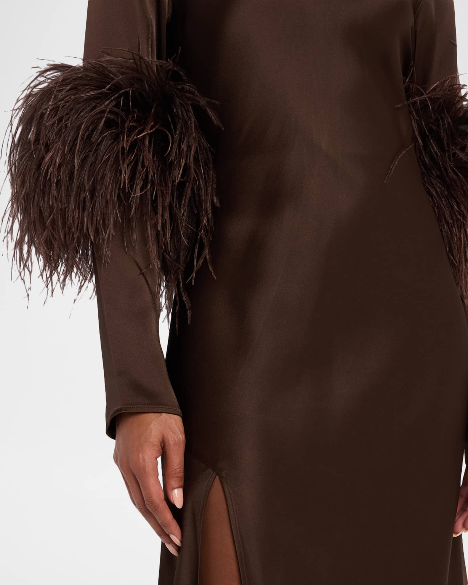 LAPOINTE Feather-Trim Satin Maxi Dress | Neiman Marcus