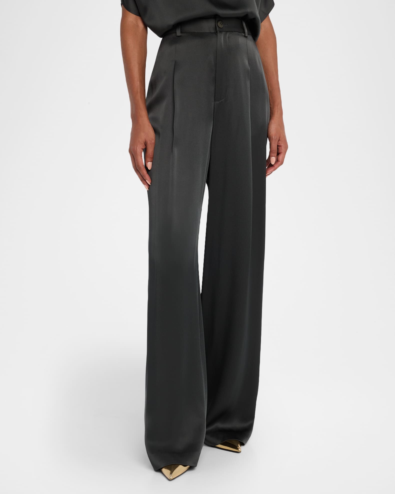 Pleated Black Satin Pants