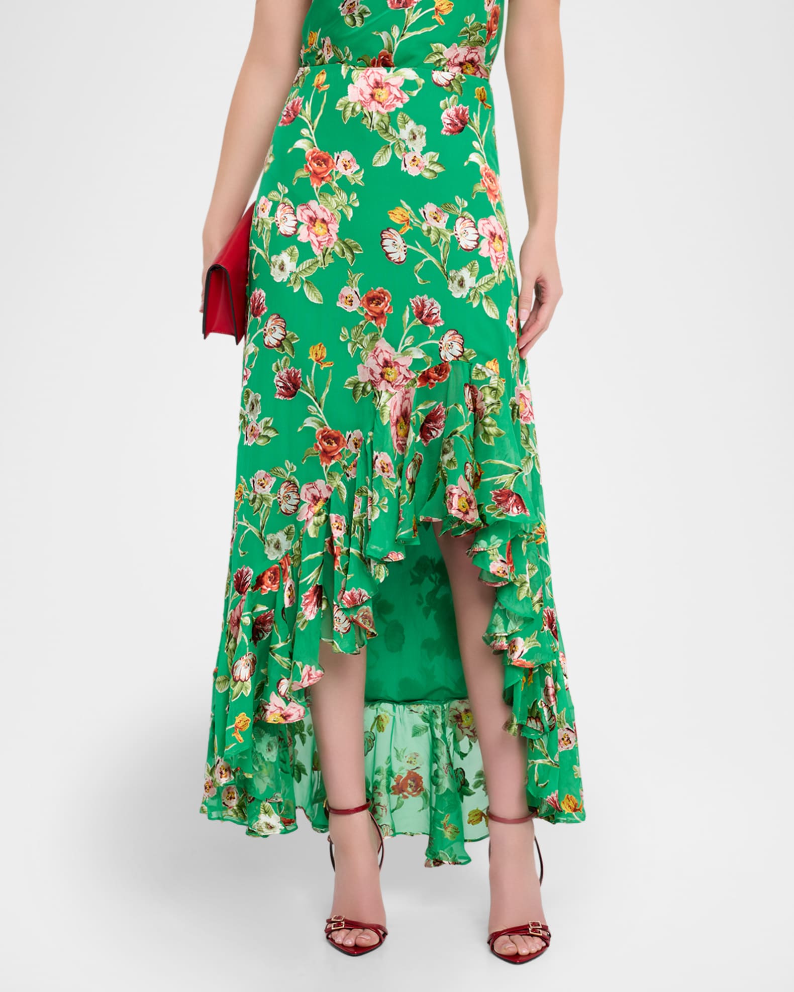 ALICE + OLIVIA Soraya Floral Ruffled High-Low Skirt | Neiman Marcus