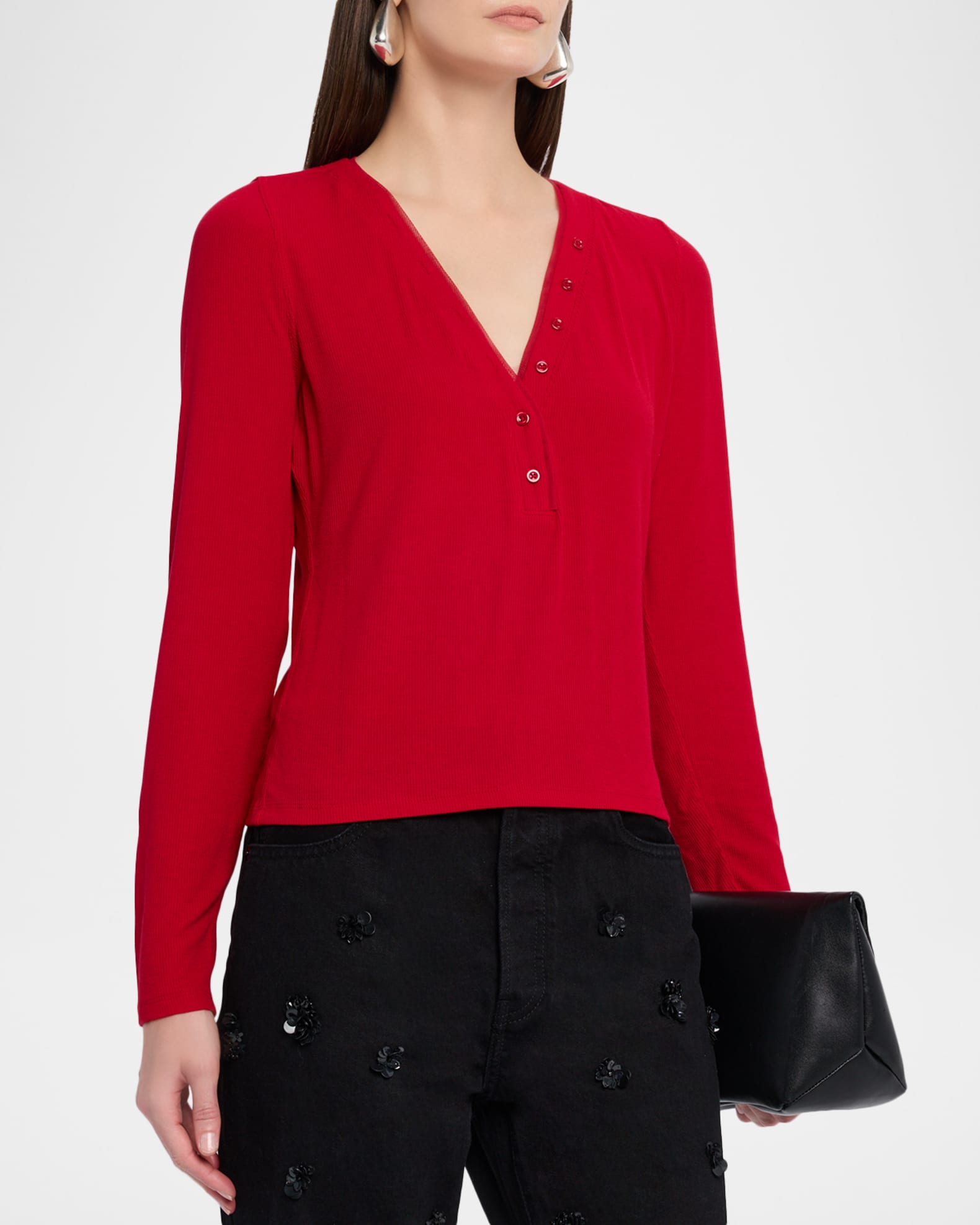 FRAME The Mesh Trim Ribbed Henley Top Neiman Marcus