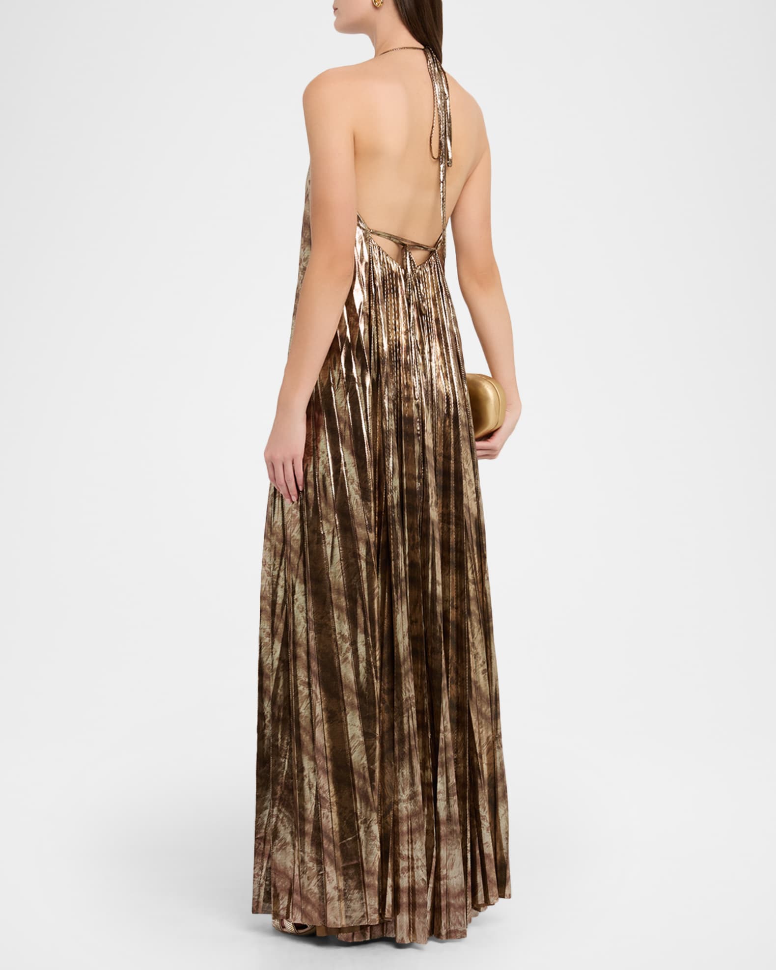 Halston Maxine Pleated Metallic Jersey Halter Gown | Neiman