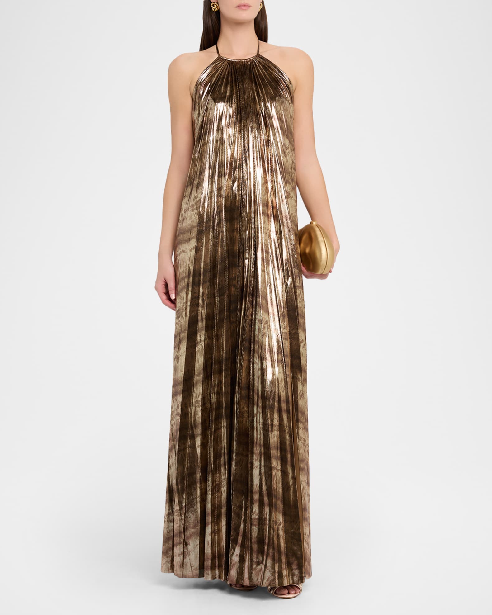 Halston Maxine Pleated Metallic Jersey Halter Gown | Neiman Marcus