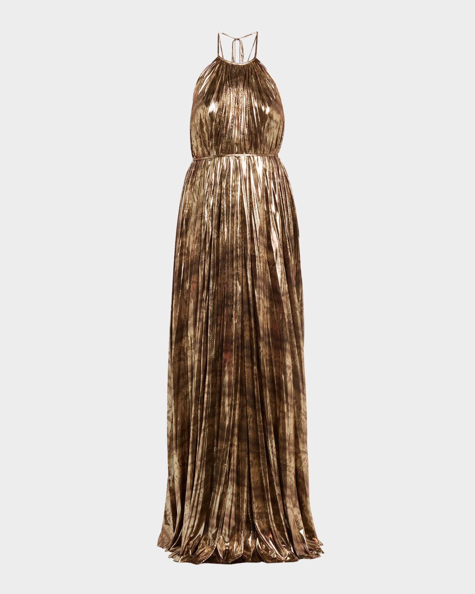 Halston Maxine Pleated Metallic Jersey Halter Gown | Neiman Marcus
