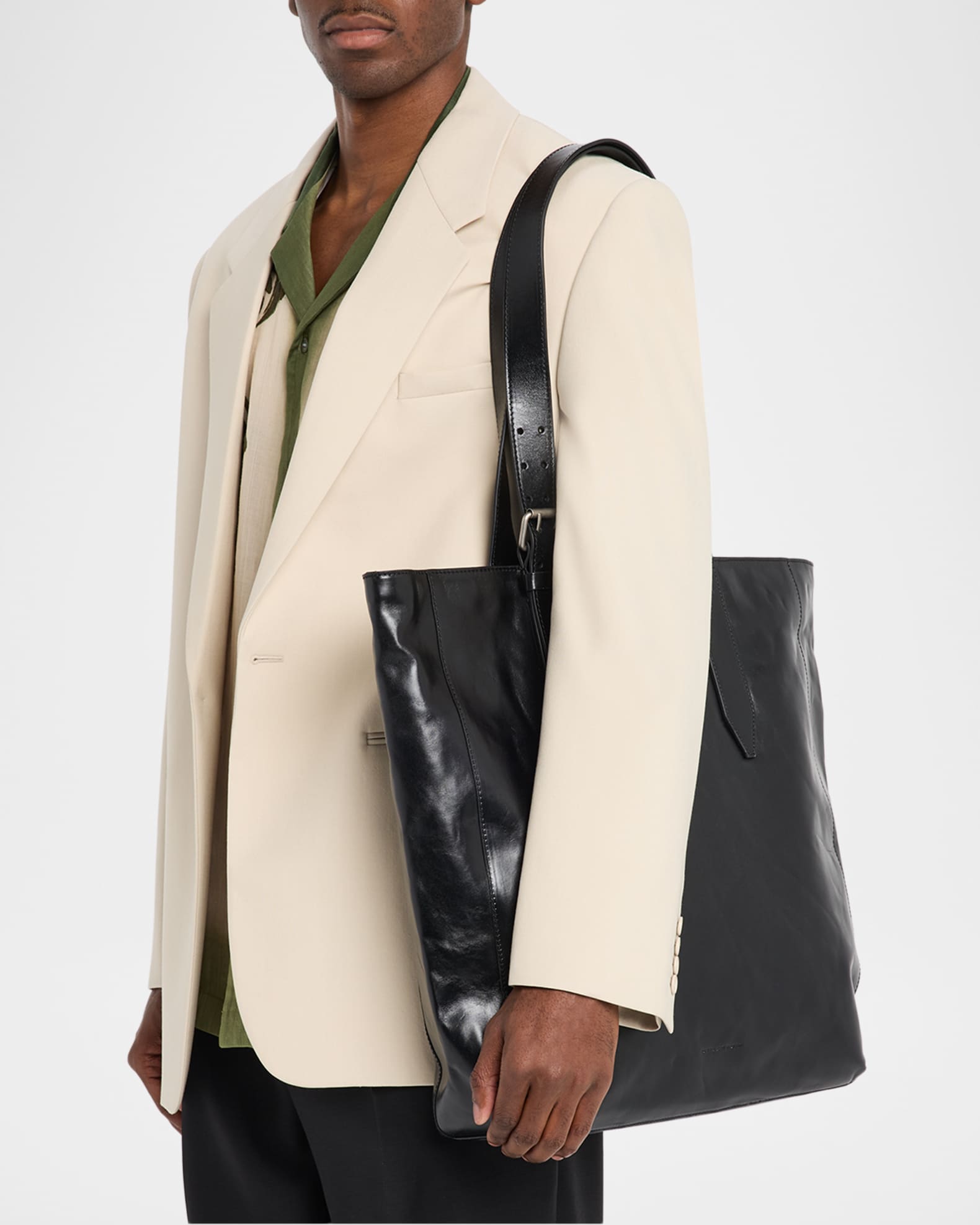 Dries Van Noten Men's Leather Messenger Bag with Shoulder Strap