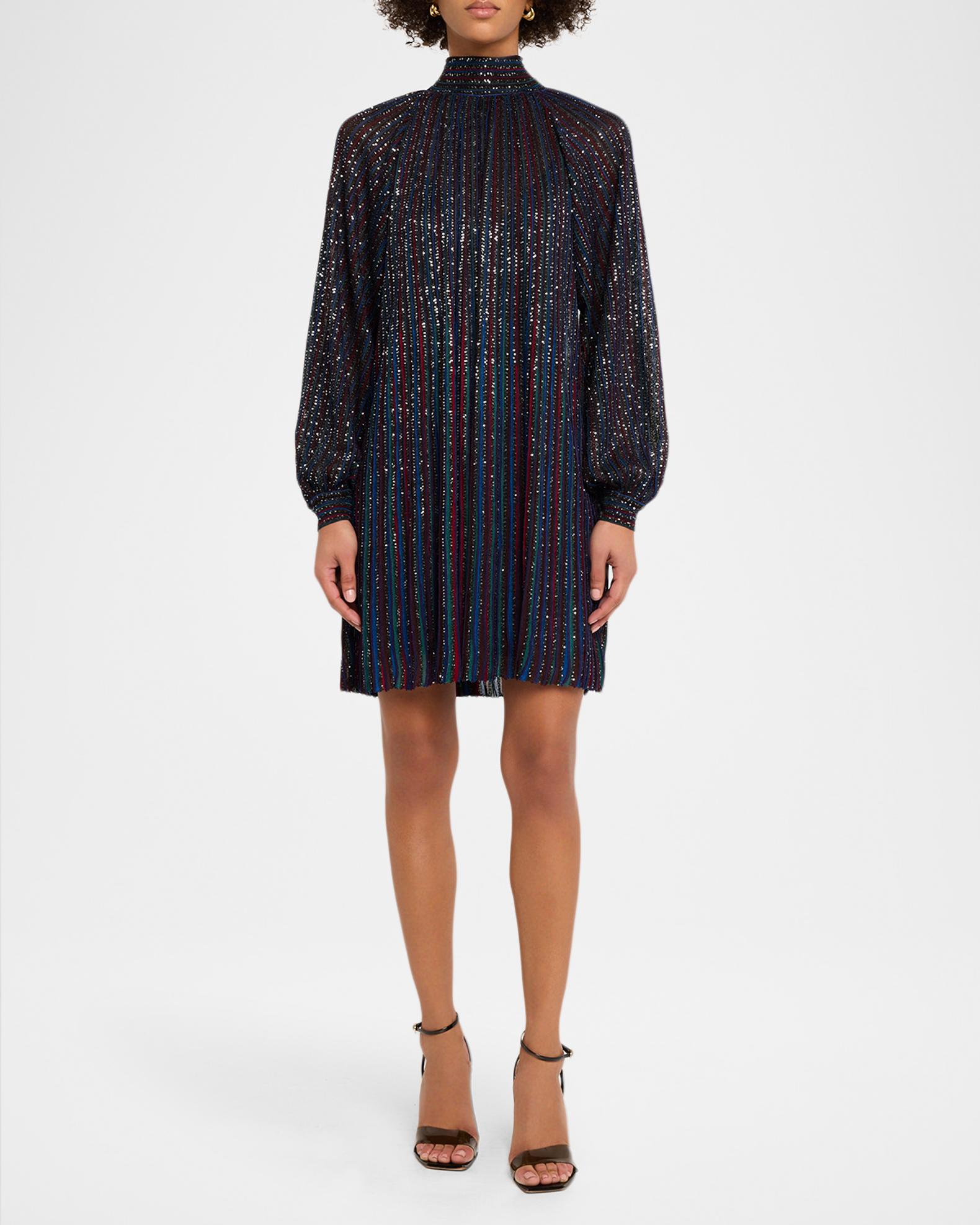 long sleeve missoni dress Missoni Paillette Striped Long-Sleeve Mini Dress, Sm9woblue Green, Women's, 38 IT (2 US), Cocktail & Party Wedding Guest Dresses Long-Sleeve Dresses