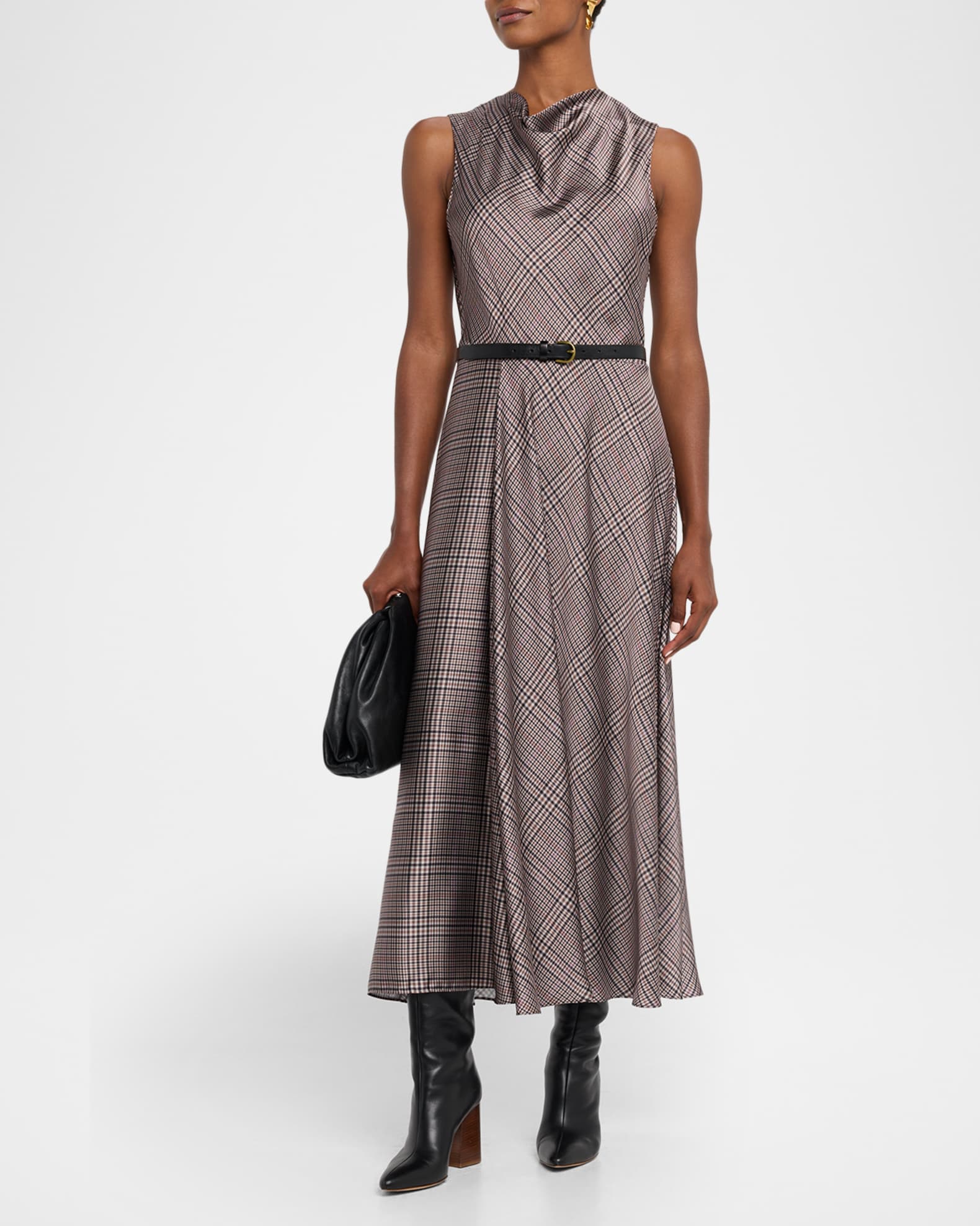 Women's Pressed Plaid Satin Cowl-Neck Dress, Multi Plaid, Size XS | Vince
