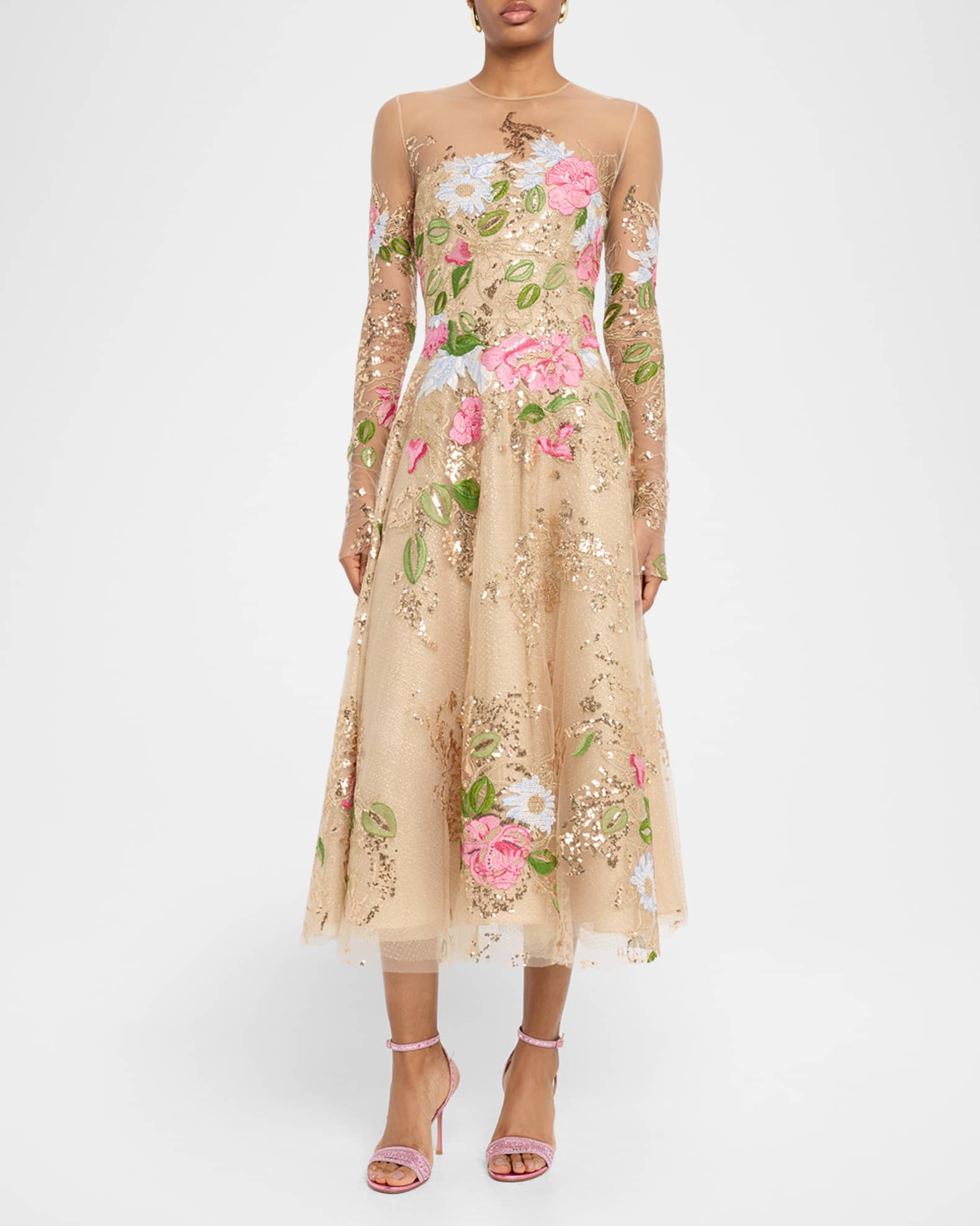 Floral Embroidered Long-Sleeve Tea-Length Dress 1