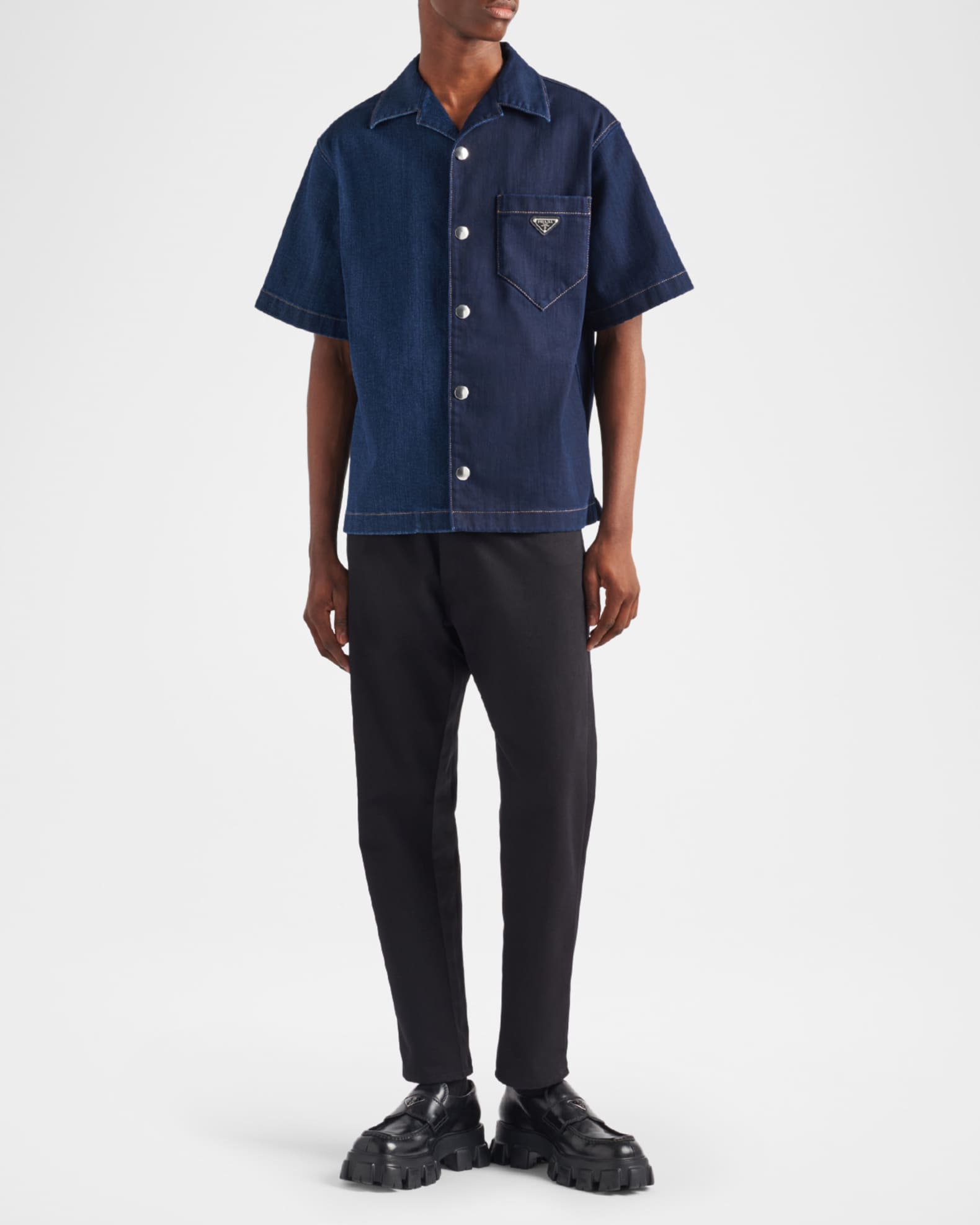 Prada Men's Double Match Denim Bowling Shirt | Neiman Marcus