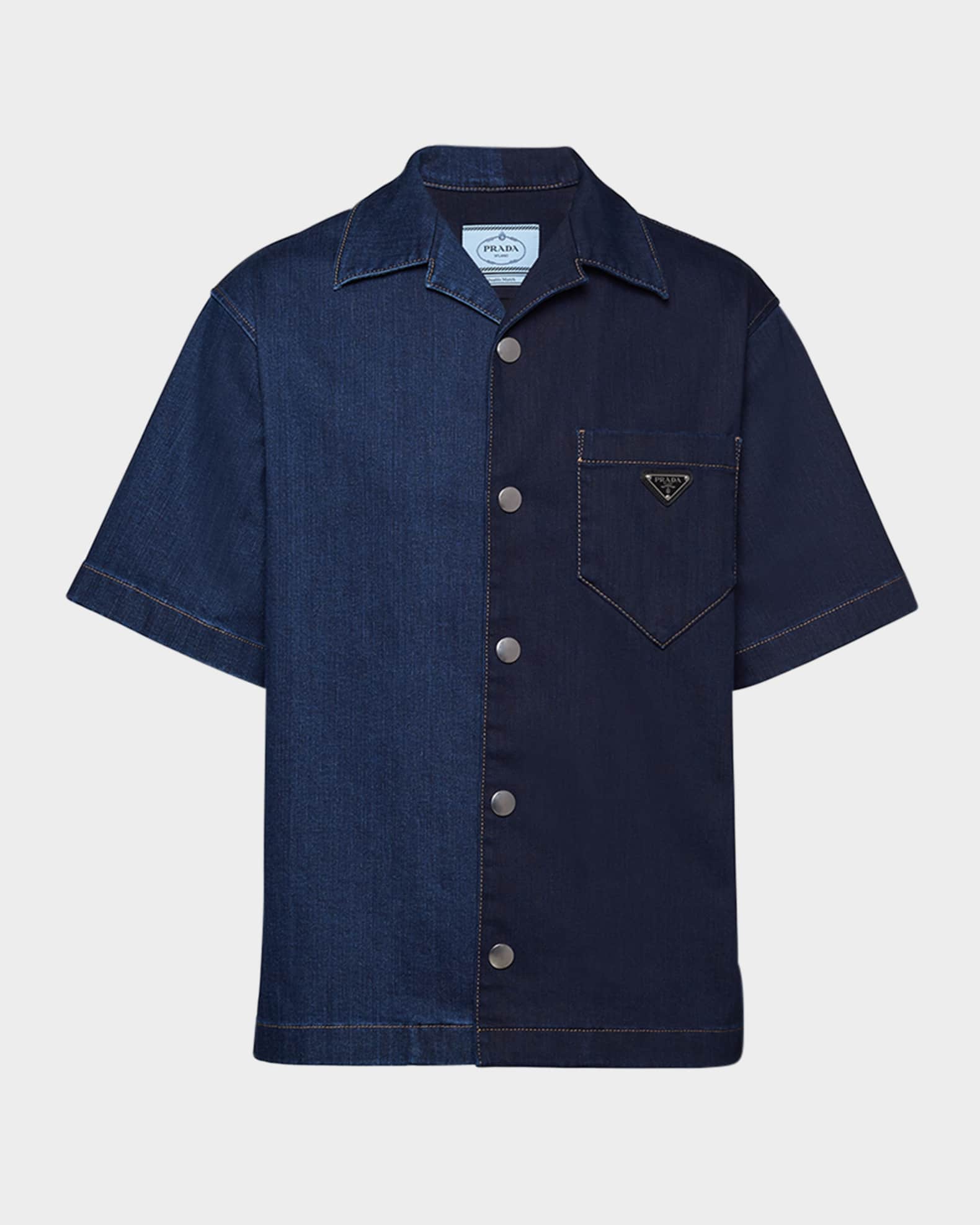 Prada Men's Double Match Denim Bowling Shirt | Neiman Marcus