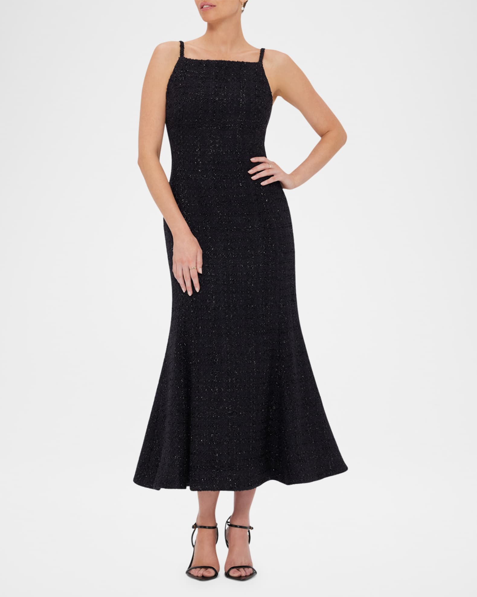 LEO LIN Regina Square-Neck Shimmer Tweed Midi Dress | Neiman