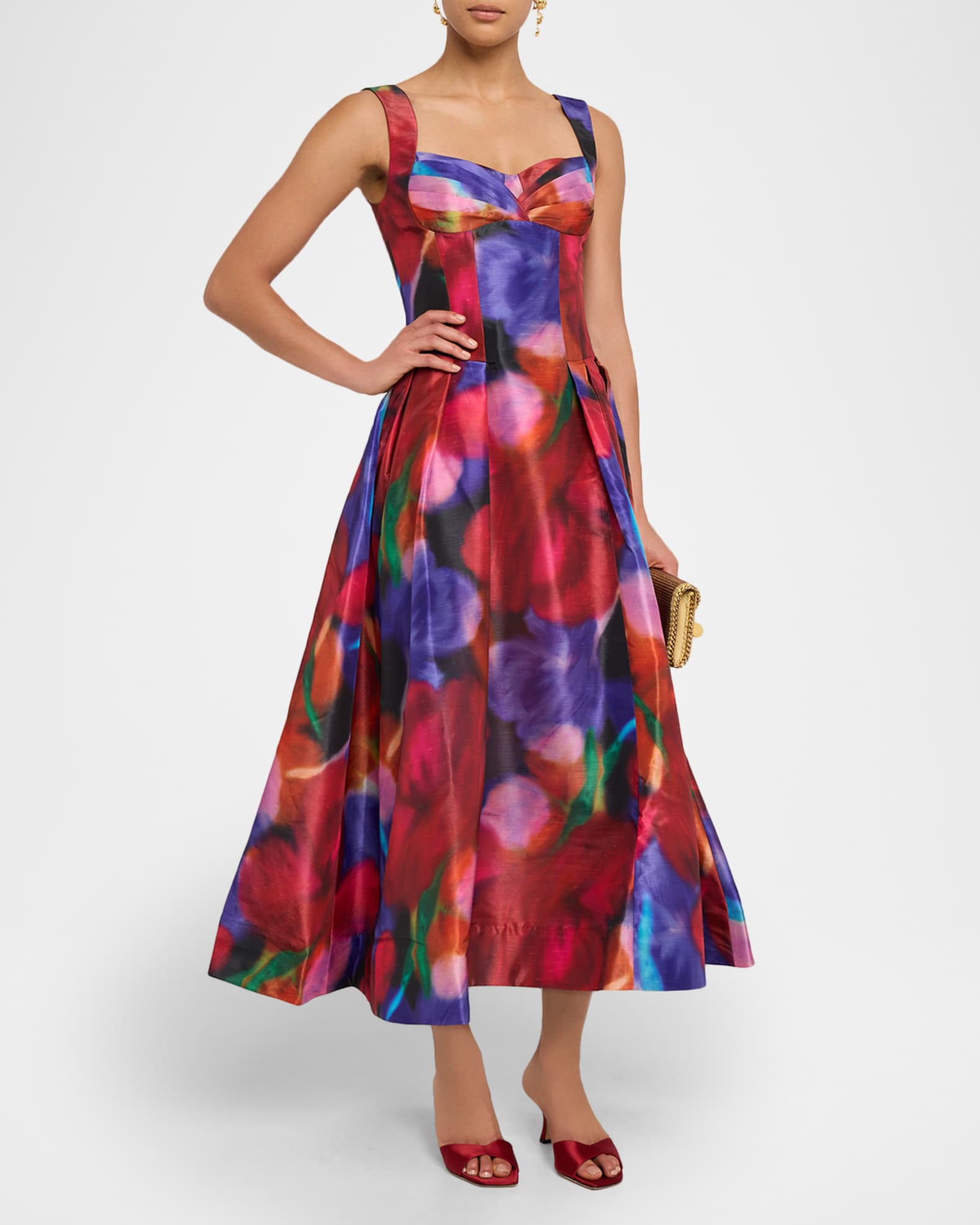 REBECCA VALLANCE Cabaret Roses Pleated Sweetheart Midi Dress