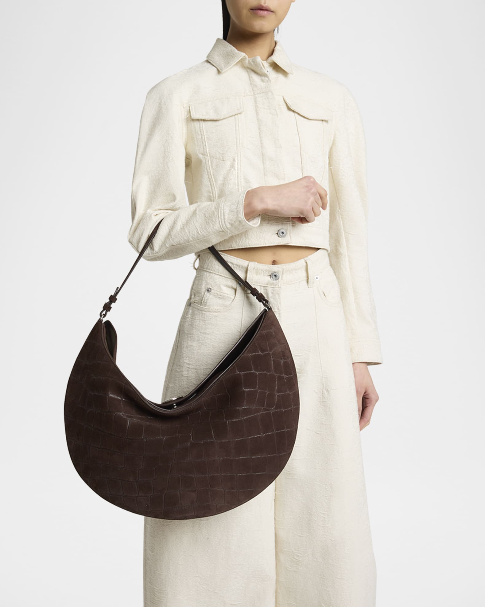 Le Calisson Rond Croc-Embossed Suede Shoulder Bag 1