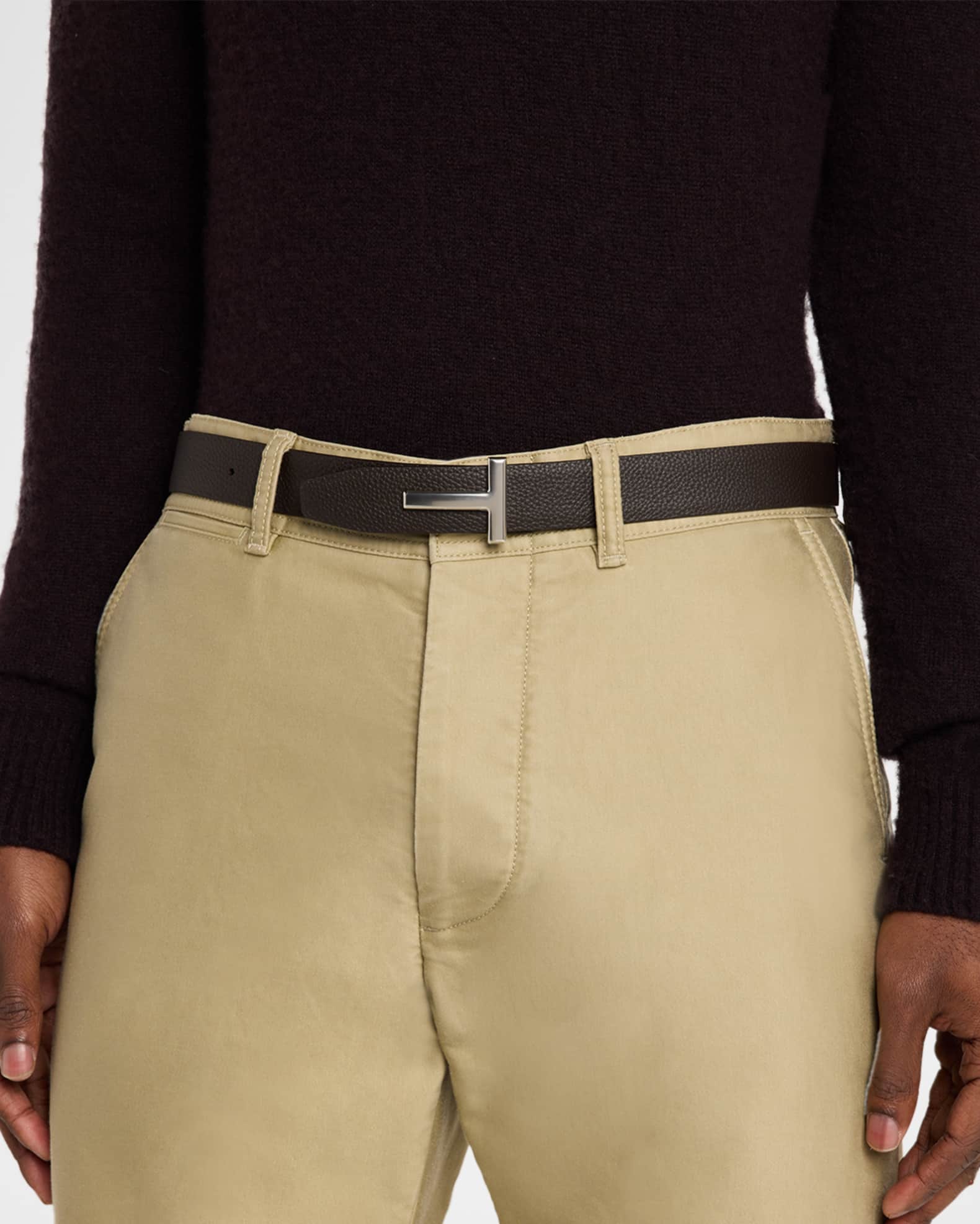 TOM FORD Men's Reversible T-Buckle Grained Leather Belt | Neiman