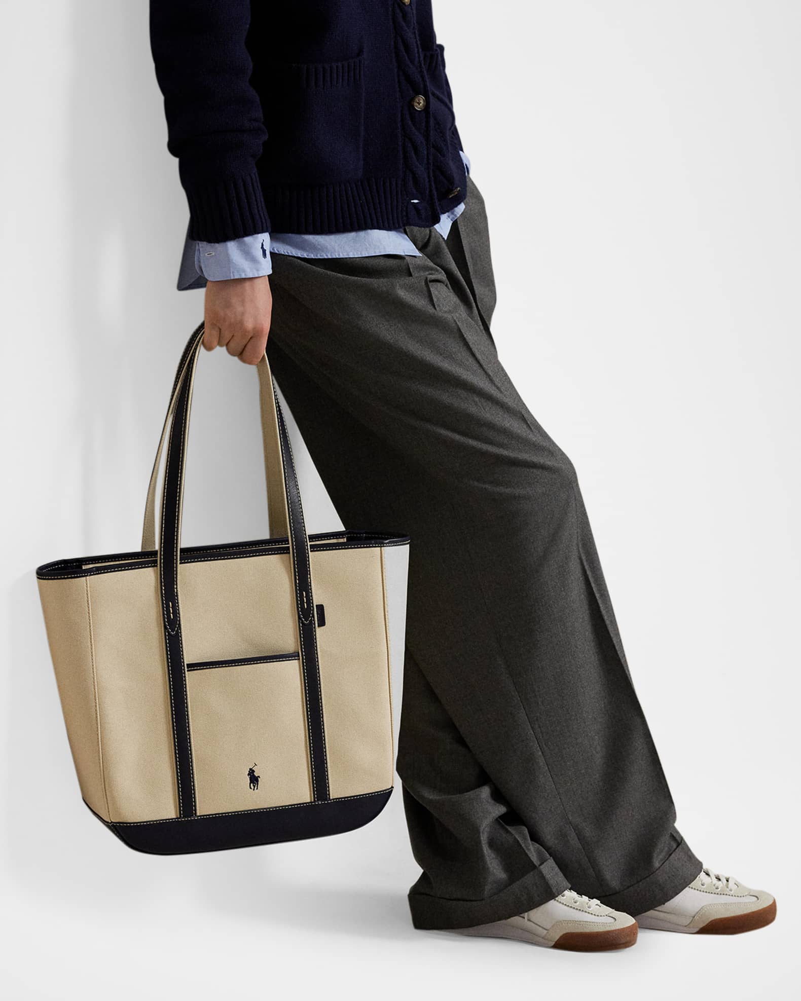 Ralph Lauren★Leather-Trim Canvas Medium Shopper Tote Polo Ralph Lauren Canvas and Leather Medium Tote Bag