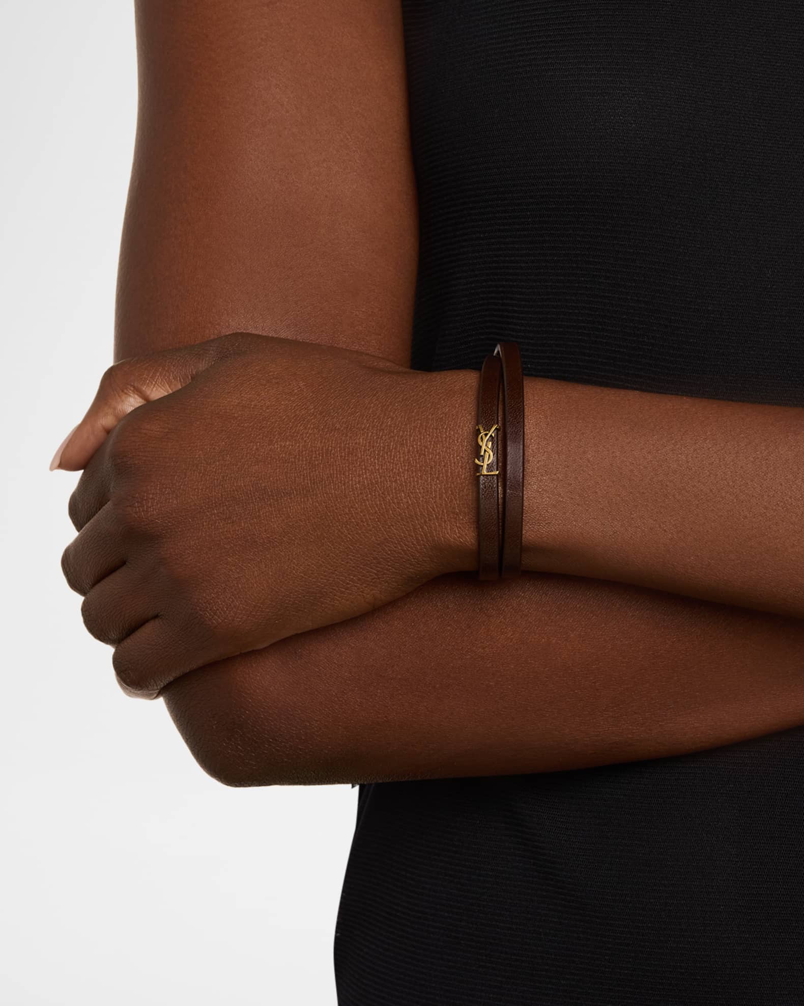 Saint Laurent YSL Thin Double Wrap Leather Bracelet | Neiman Marcus