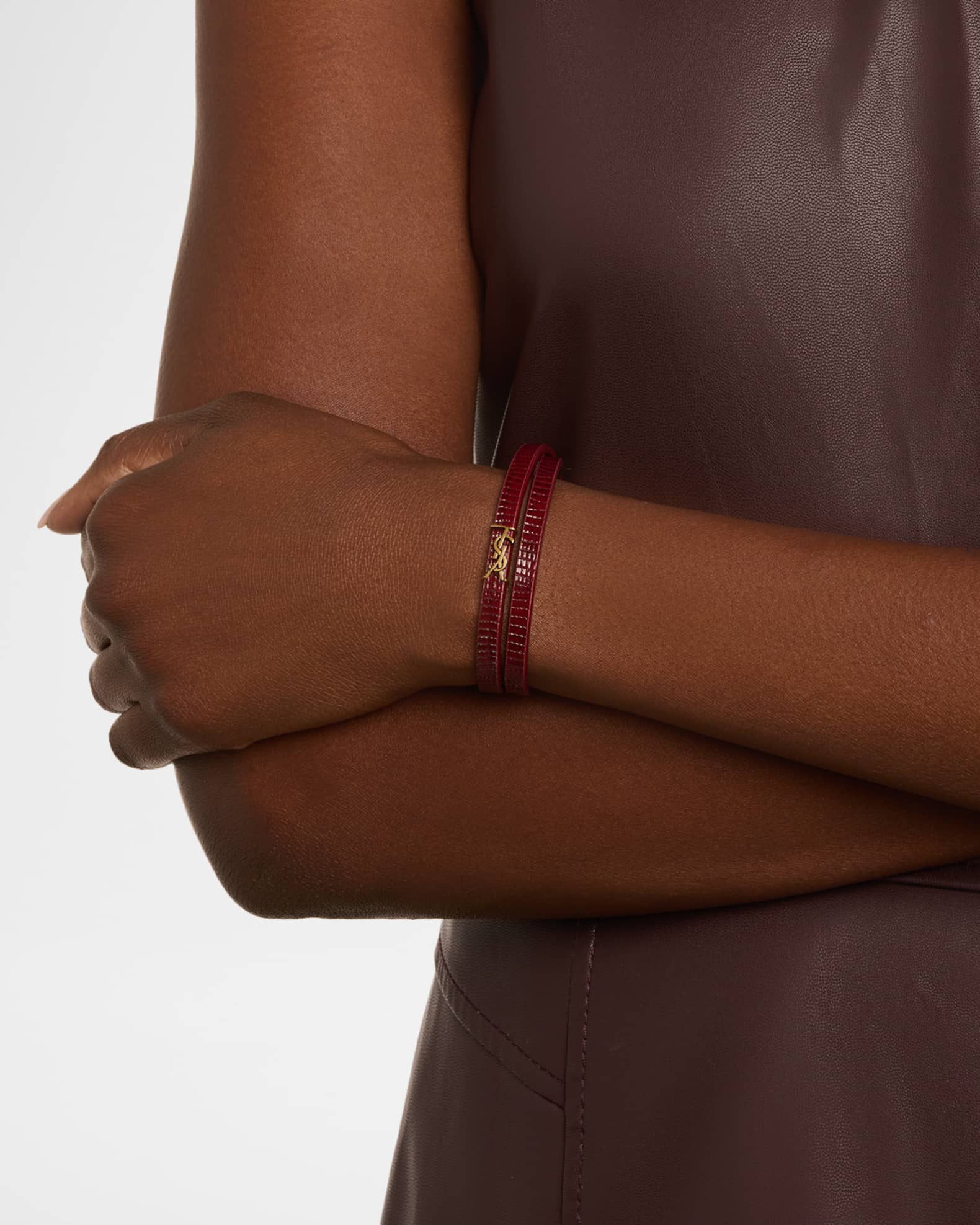 Saint Laurent YSL Thin Double Wrap Leather Bracelet | Neiman Marcus