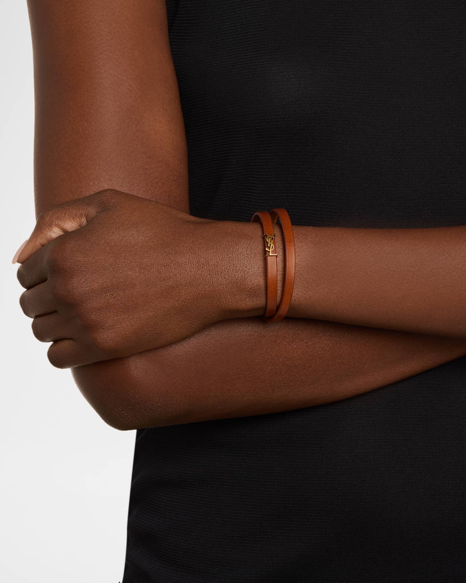 Saint Laurent YSL Thin Double Wrap Leather Bracelet | Neiman Marcus