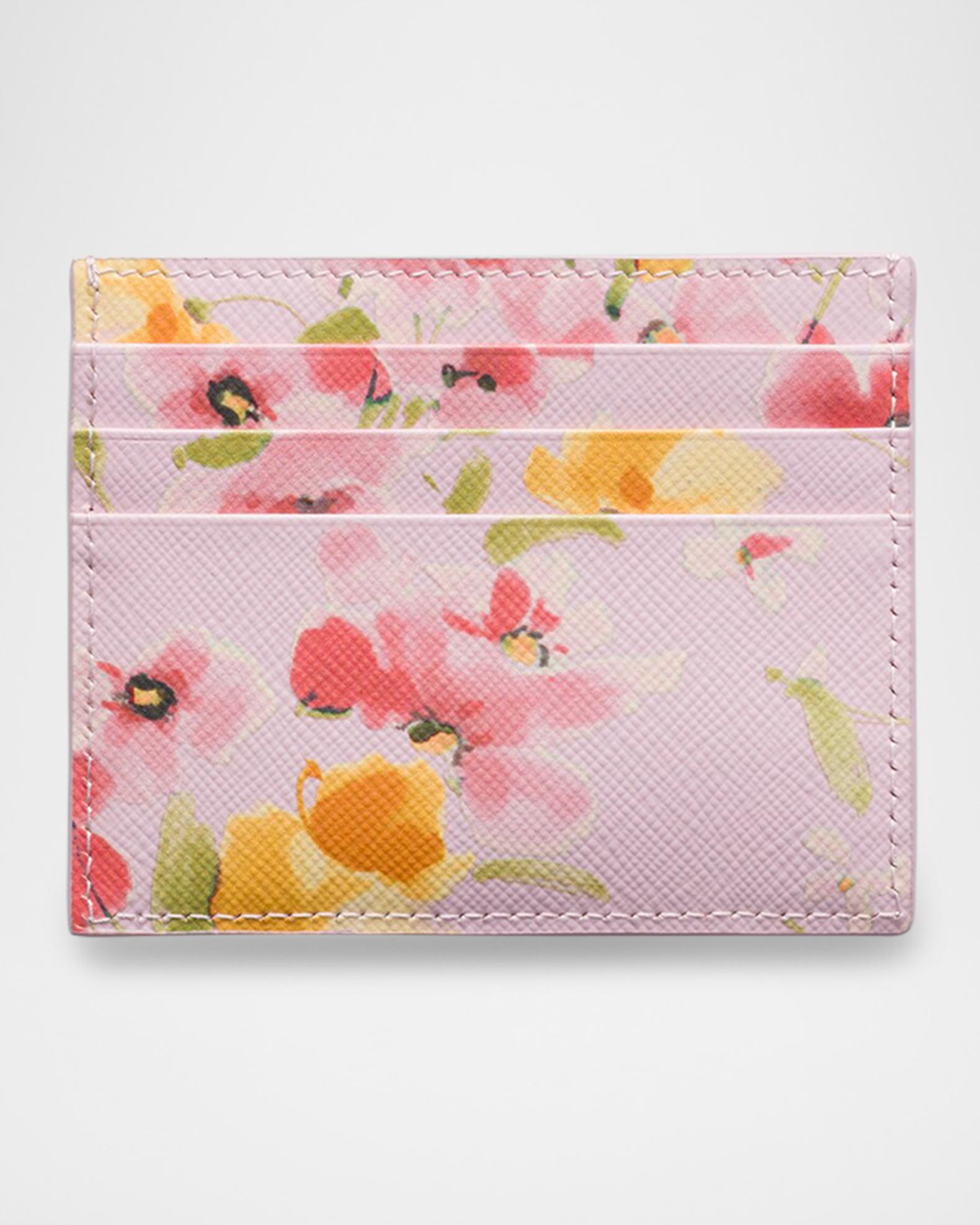 Prada Floral-Print Saffiano Leather Card Holder | Neiman Marcus