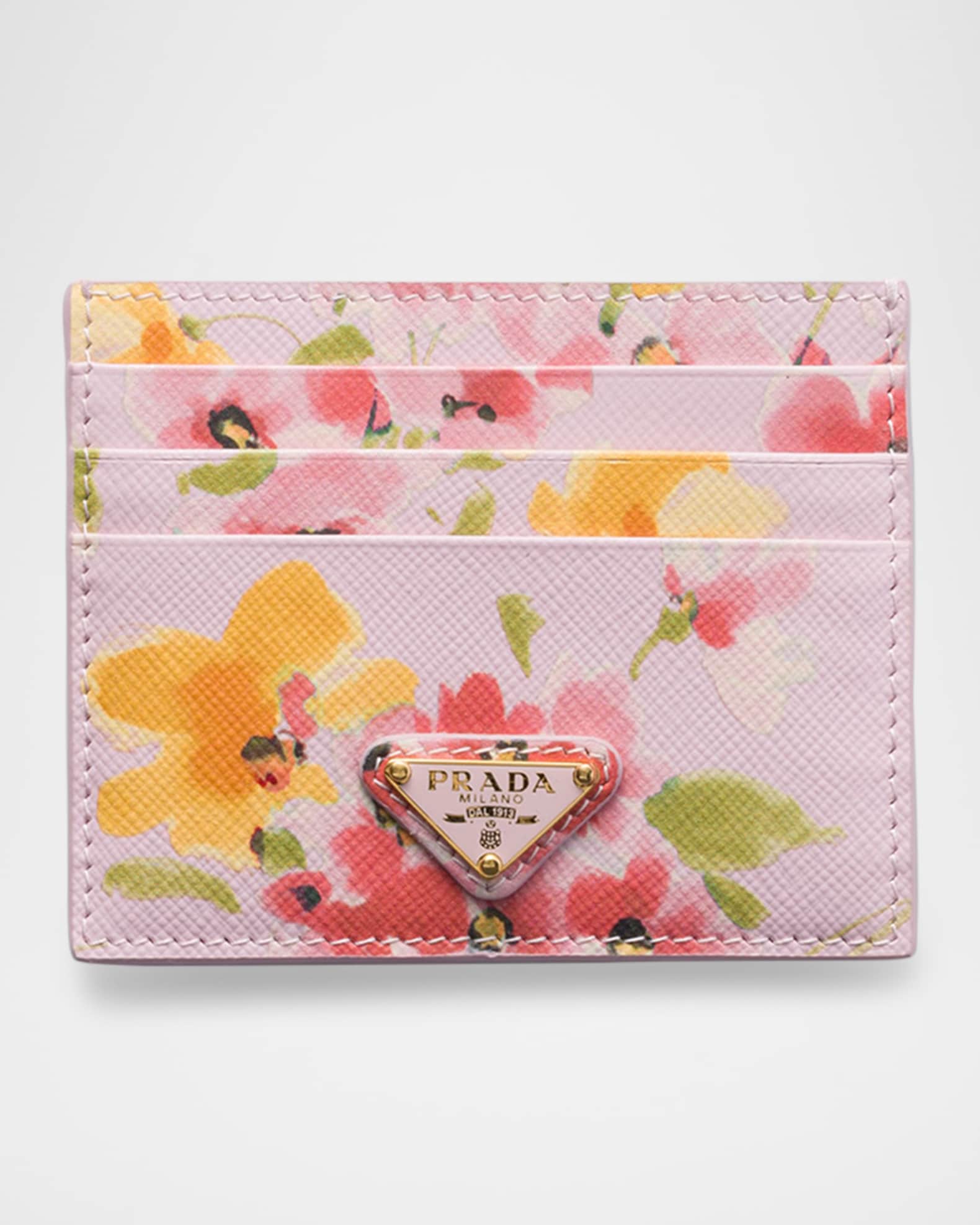 Prada Floral-Print Saffiano Leather Card Holder | Neiman Marcus