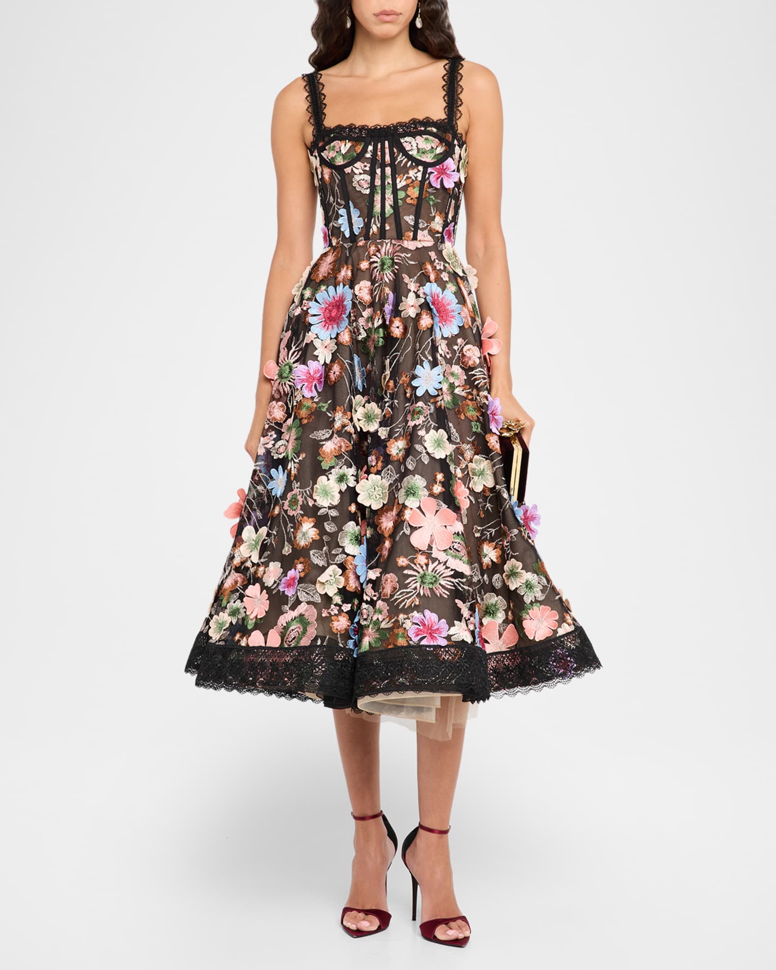 Amanda Embroidered Lace-Trim Corset Midi Dress 1