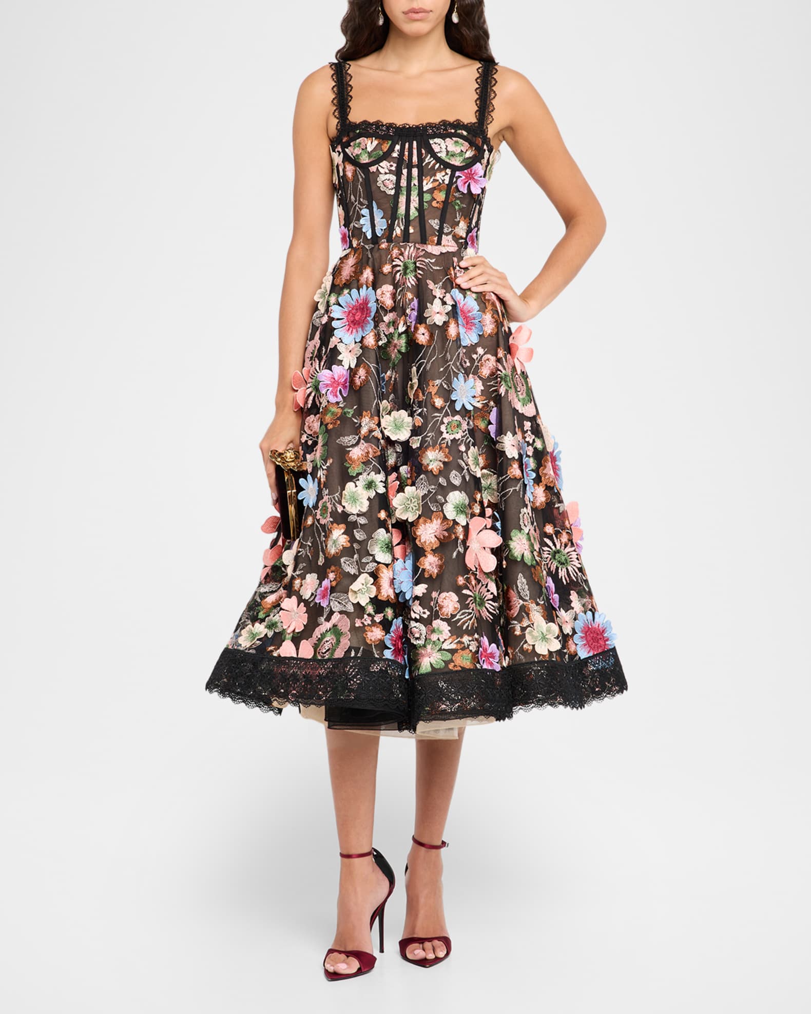 Bronx and Banco Amanda Embroidered Lace-Trim Corset Midi
