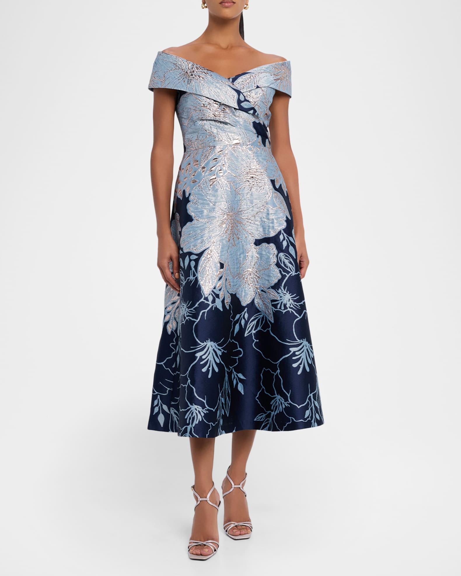 Rickie Freeman For Teri Jon Off-Shoulder Metallic Jacquard Midi Dress, Blue, Women's, 2, Off-The-Shoulder Dresses