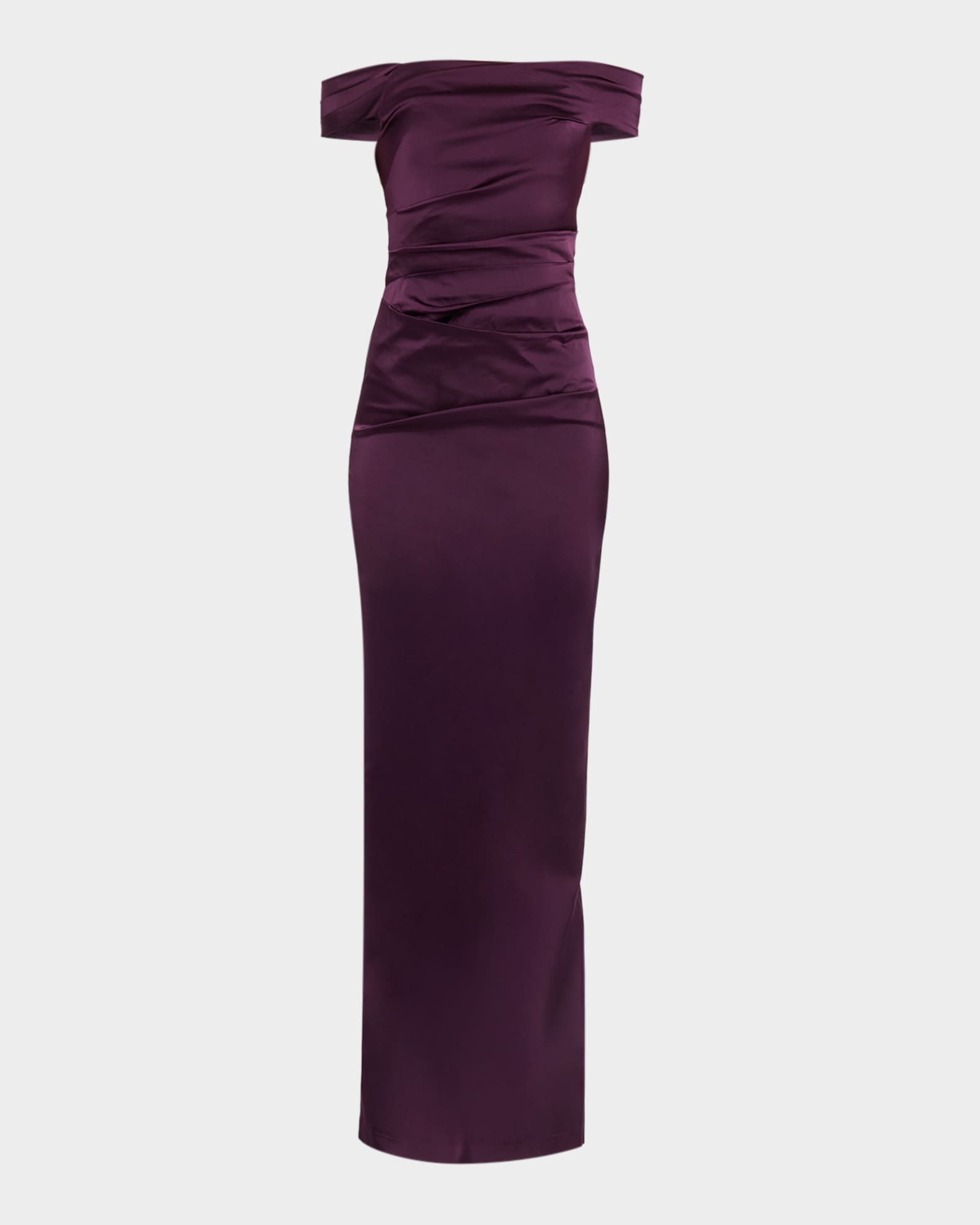 Rickie Freeman for Teri Jon Off-Shoulder Satin Column Gown, Plum, Women's, 18, Off-The-Shoulder Gowns
