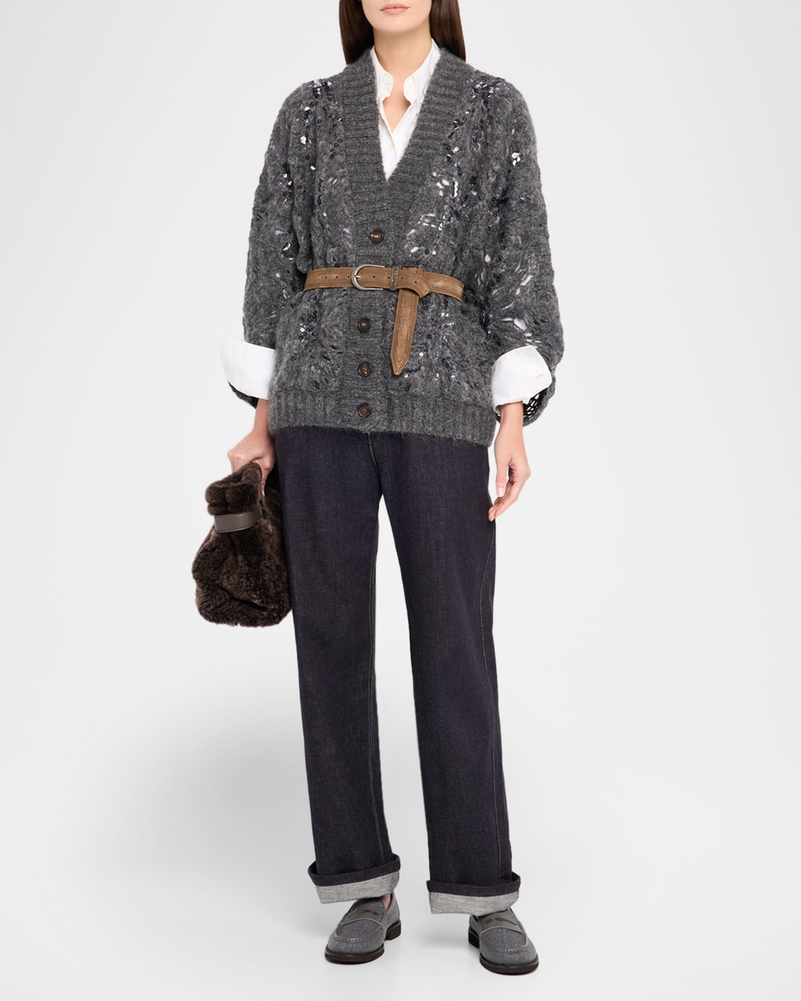 Brunello Cucinelli Frosty Sequined Wool-Cashmere V-Neck