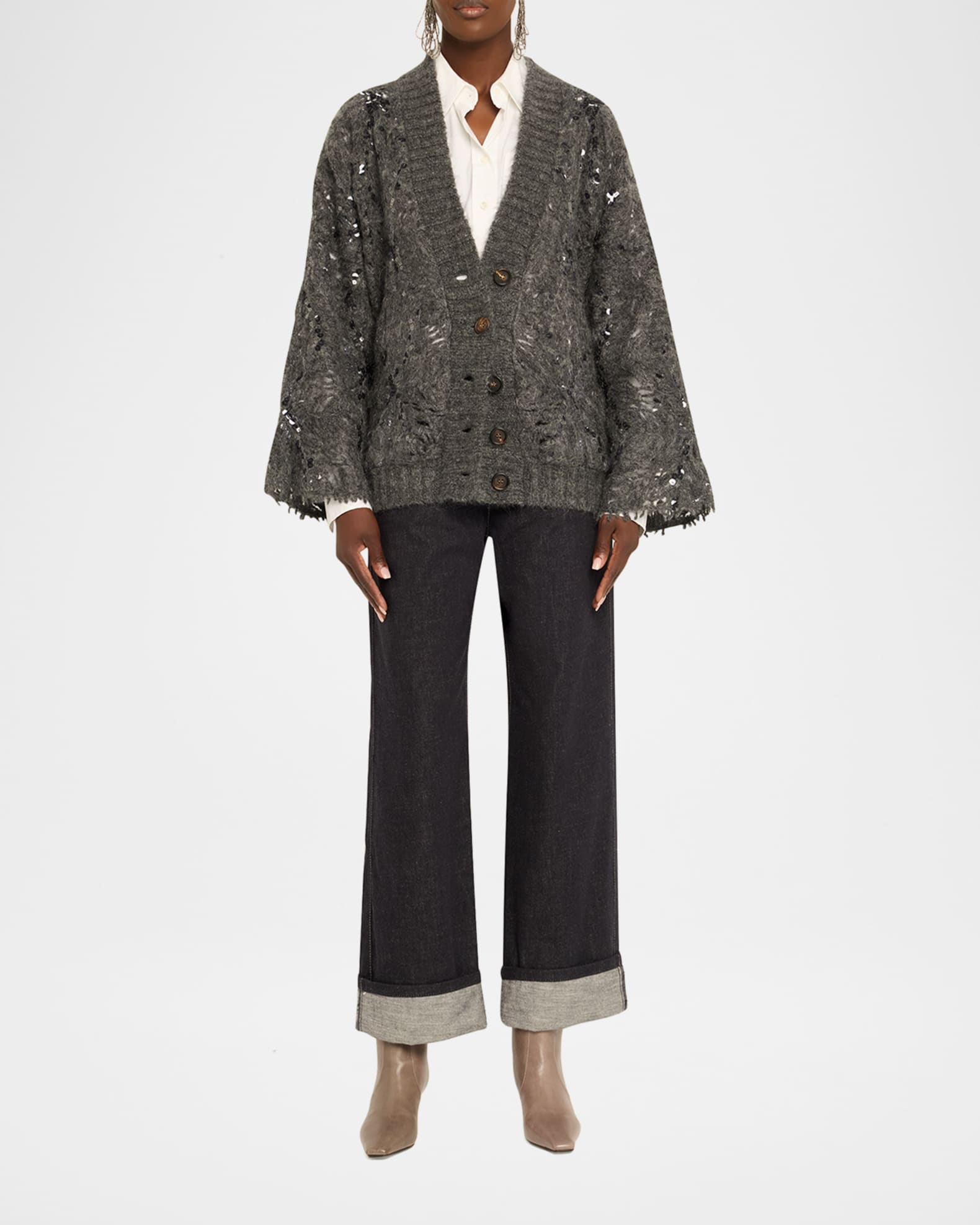 Brunello Cucinelli Frosty Sequined Wool-Cashmere V-Neck Cardigan