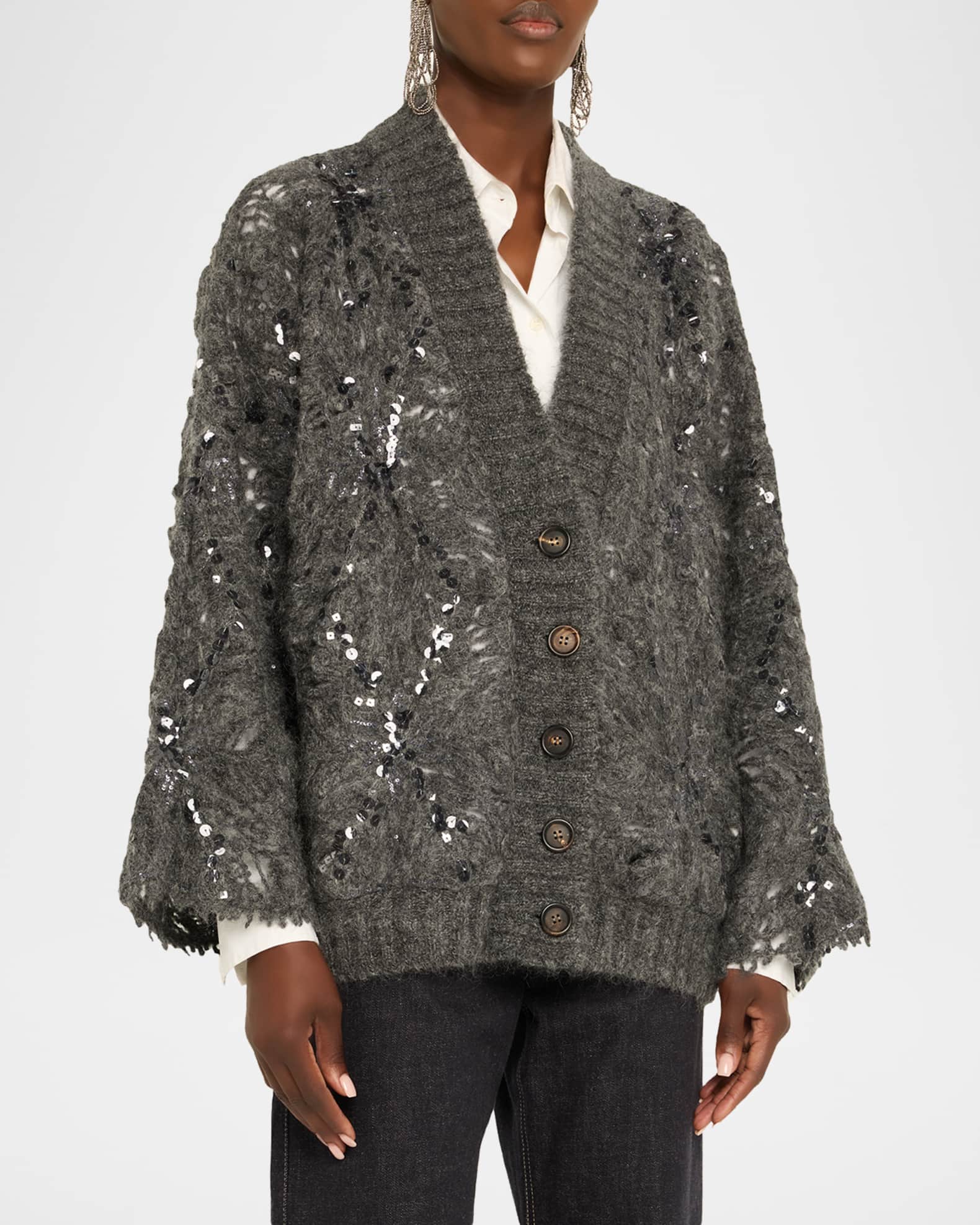 Brunello Cucinelli Frosty Sequined Wool-Cashmere V-Neck Cardigan