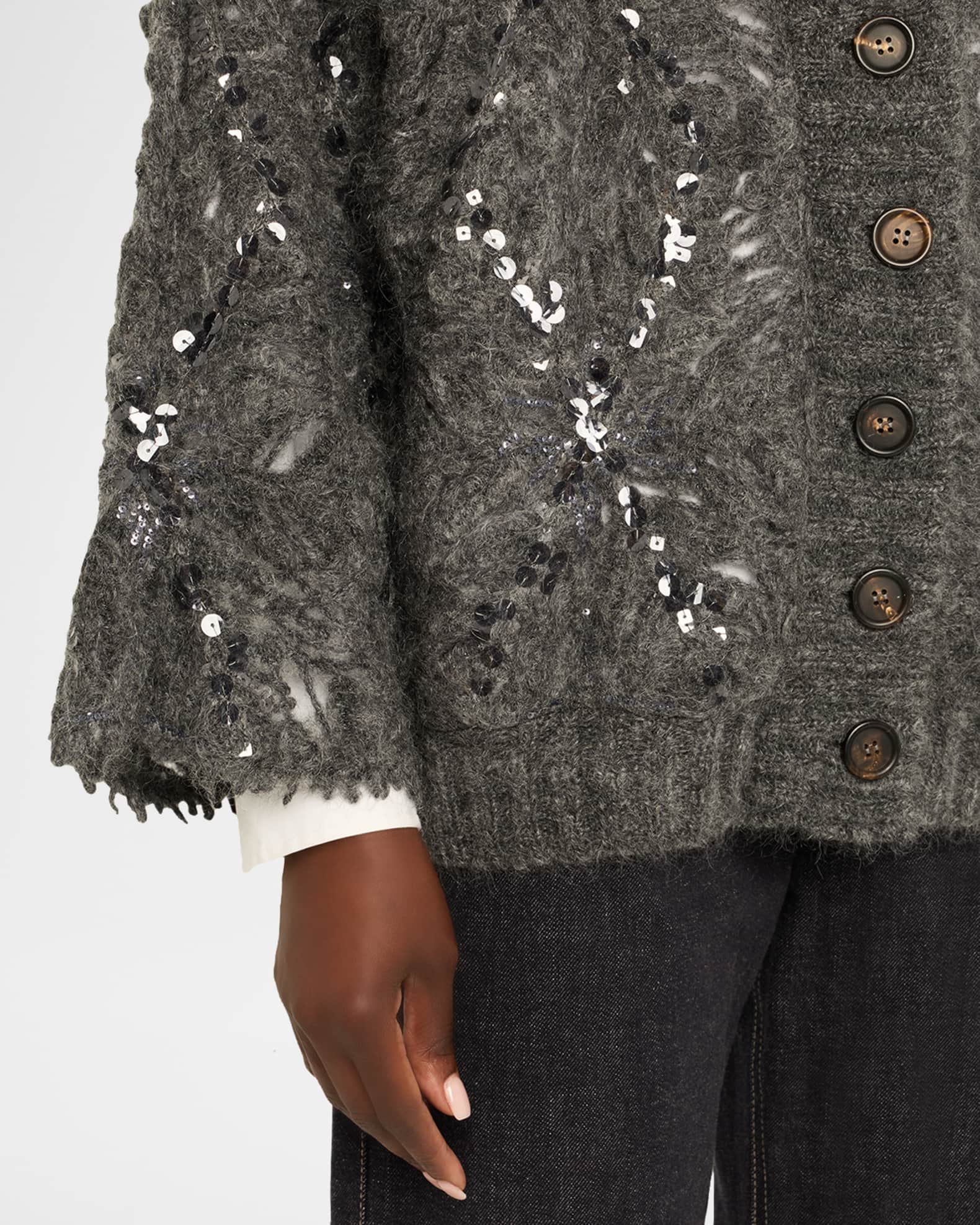 Brunello Cucinelli Frosty Sequined Wool-Cashmere V-Neck Cardigan