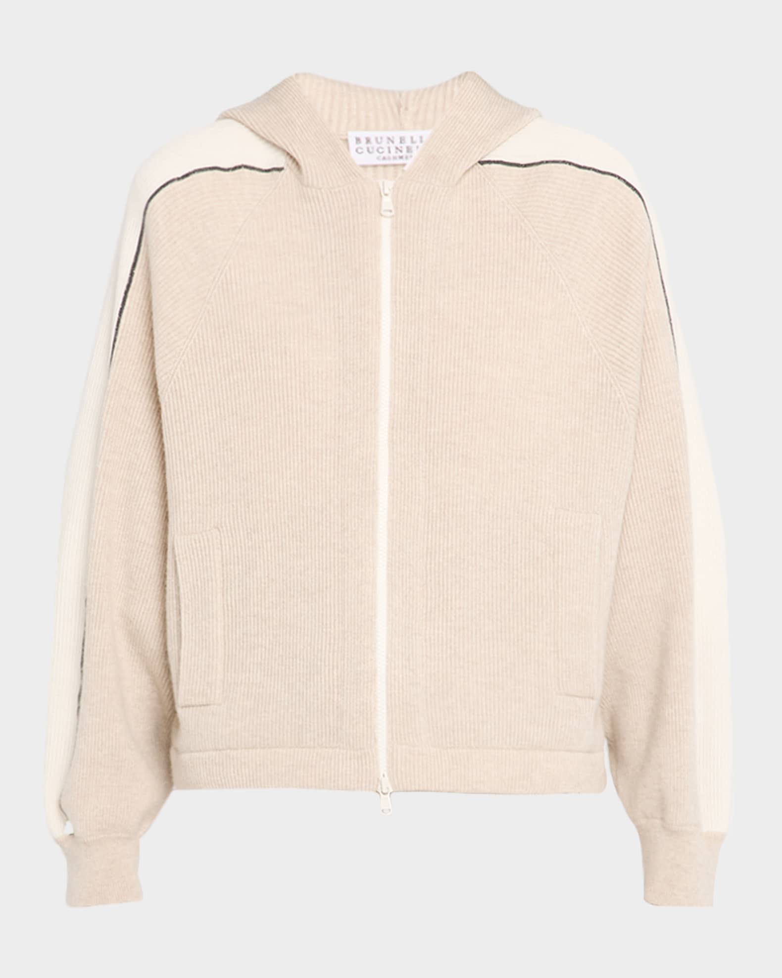 Brunello Cucinelli Monili-Trim Cashmere Rib Zip Sport Hoodie