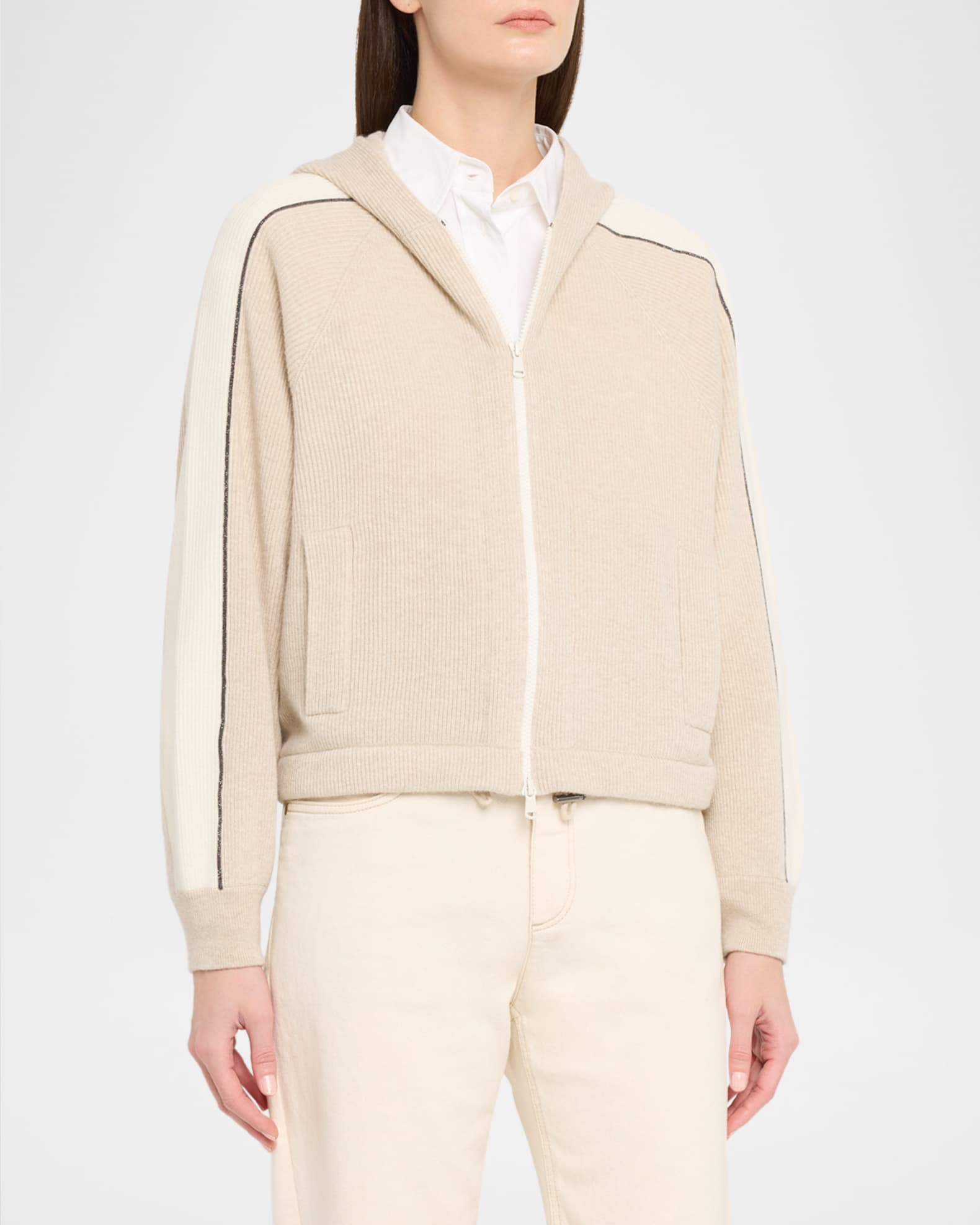 Brunello Cucinelli Monili-Trim Cashmere Rib Zip Sport Hoodie