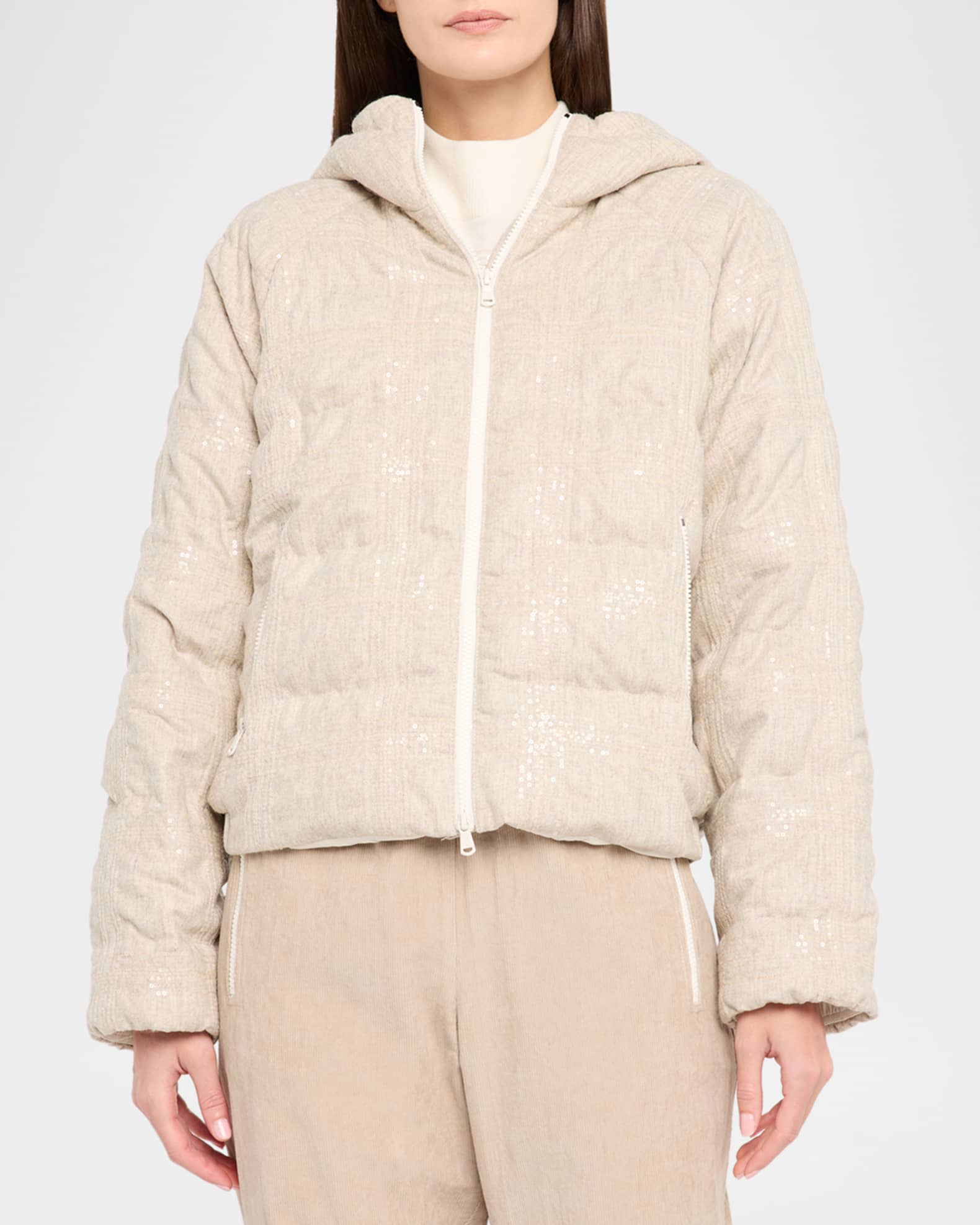 Brunello Cucinelli Pailette Check Wool Flannel Puffer Jacket