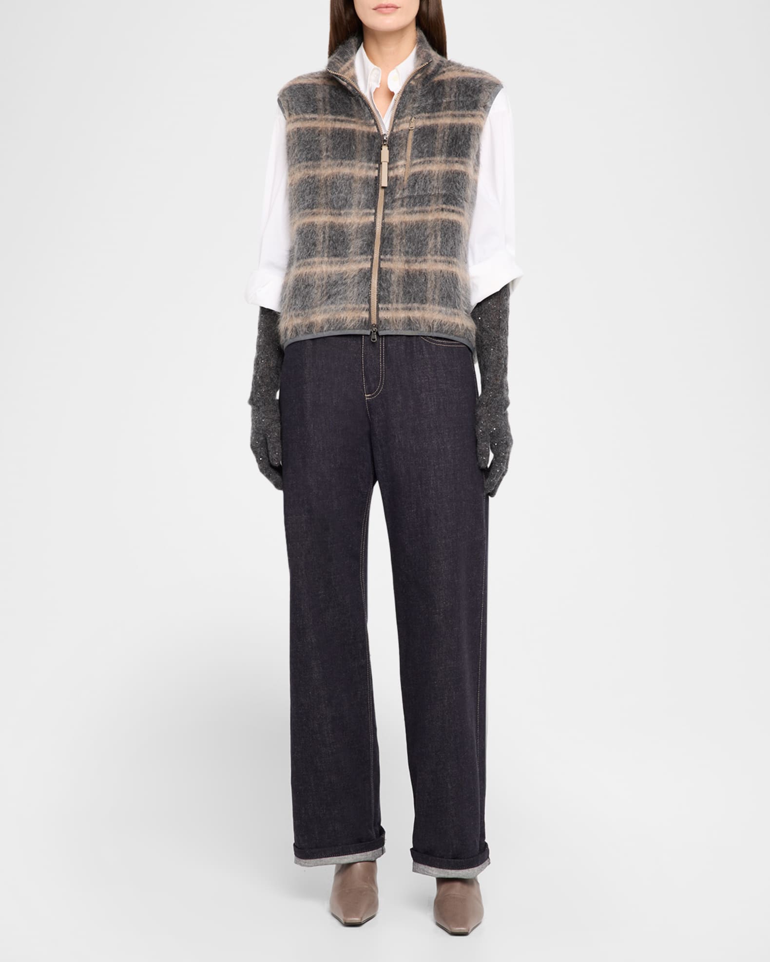 Brunello Cucinelli Fuzzy Check Wool-Mohair Zip Vest | Neiman Marcus
