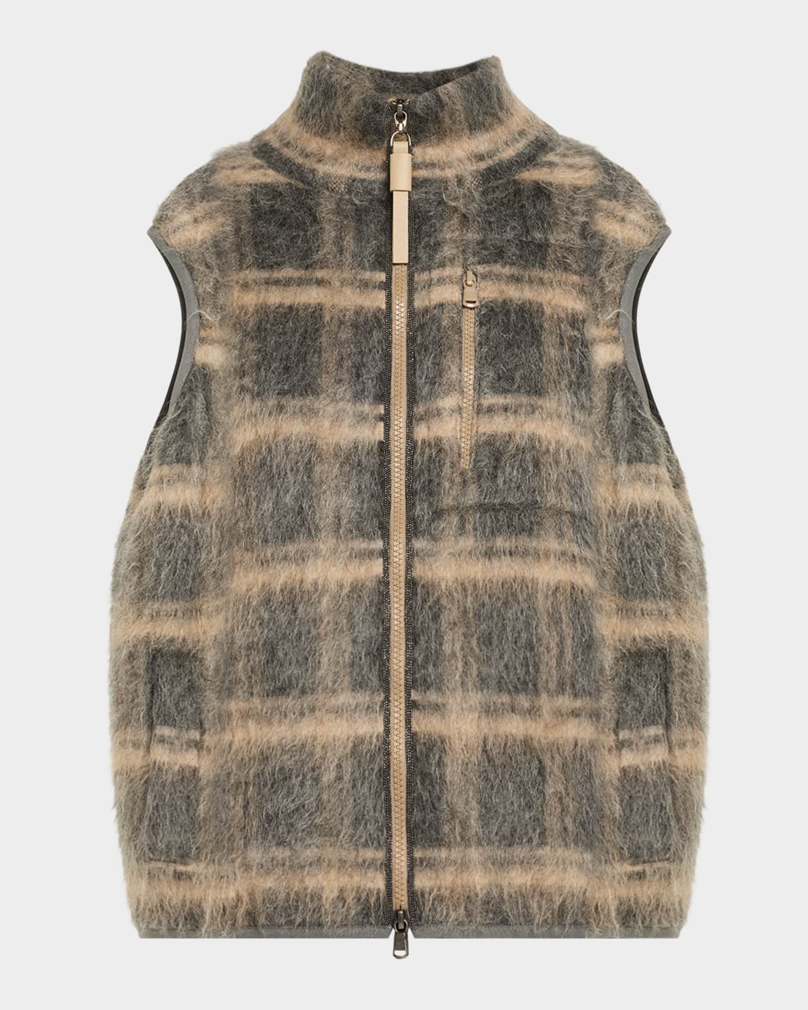 Brunello Cucinelli Fuzzy Check Wool-Mohair Zip Vest | Neiman Marcus