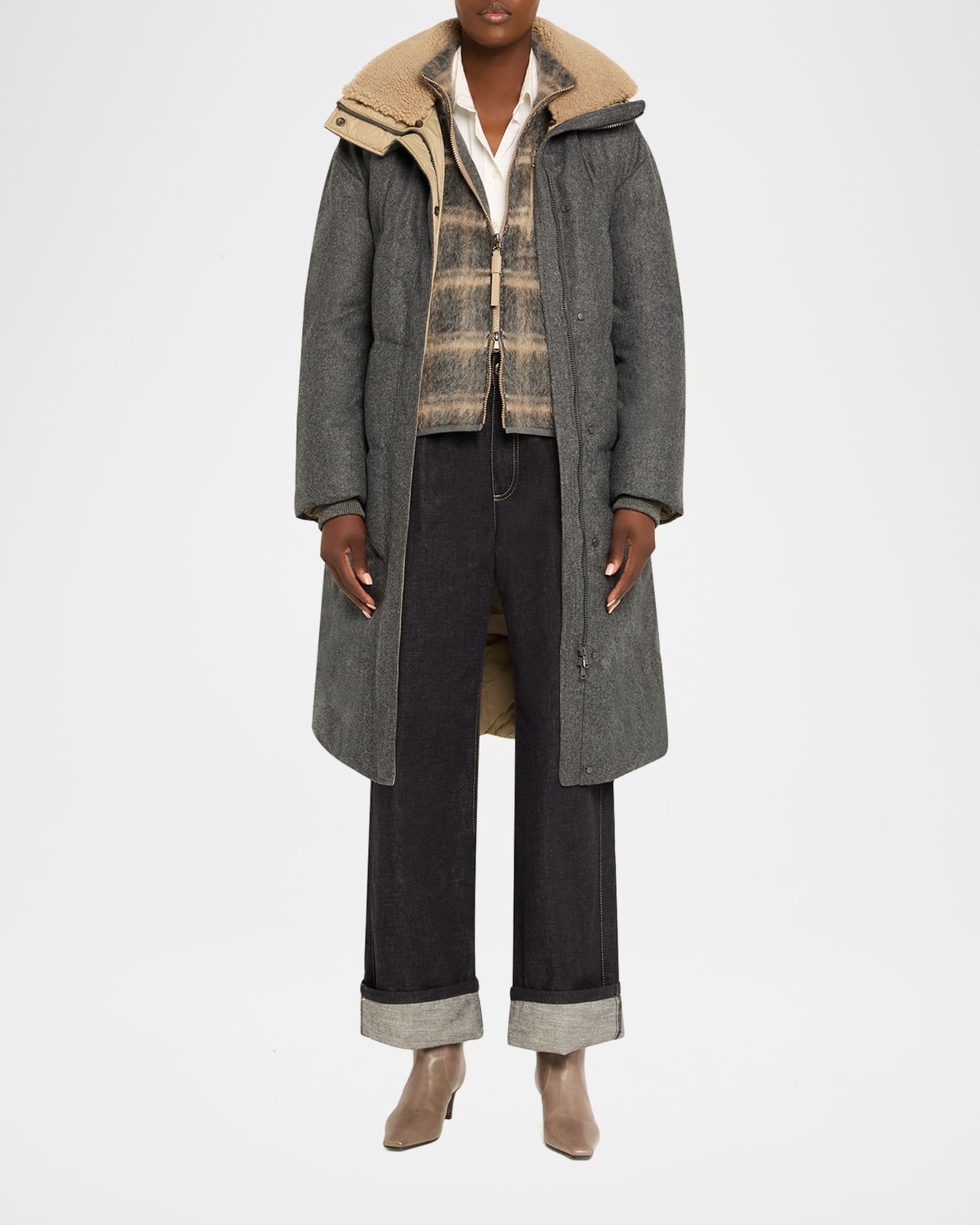 Brunello Cucinelli Fuzzy Check Wool-Mohair Zip Vest | Neiman Marcus